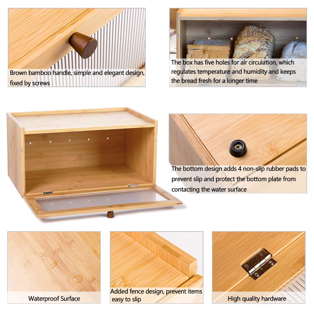 ETMI Bamboo Bread Box - Large Capacity Kitchen Storage Container with Window, 1-Layer Design, Natural Bamboo Finish