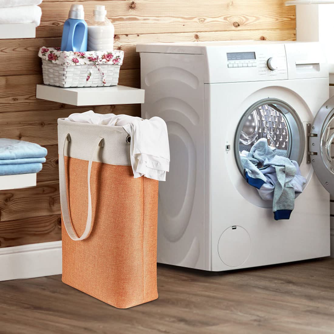 i BKGOO Laundry Basket with Handles Beige&Orange Slim Laundry Bin Collapsible Dirty Clothes Basket Narrow Laundry Bag Foldable Dirty Hamper for Camping  Dorms  Apartments