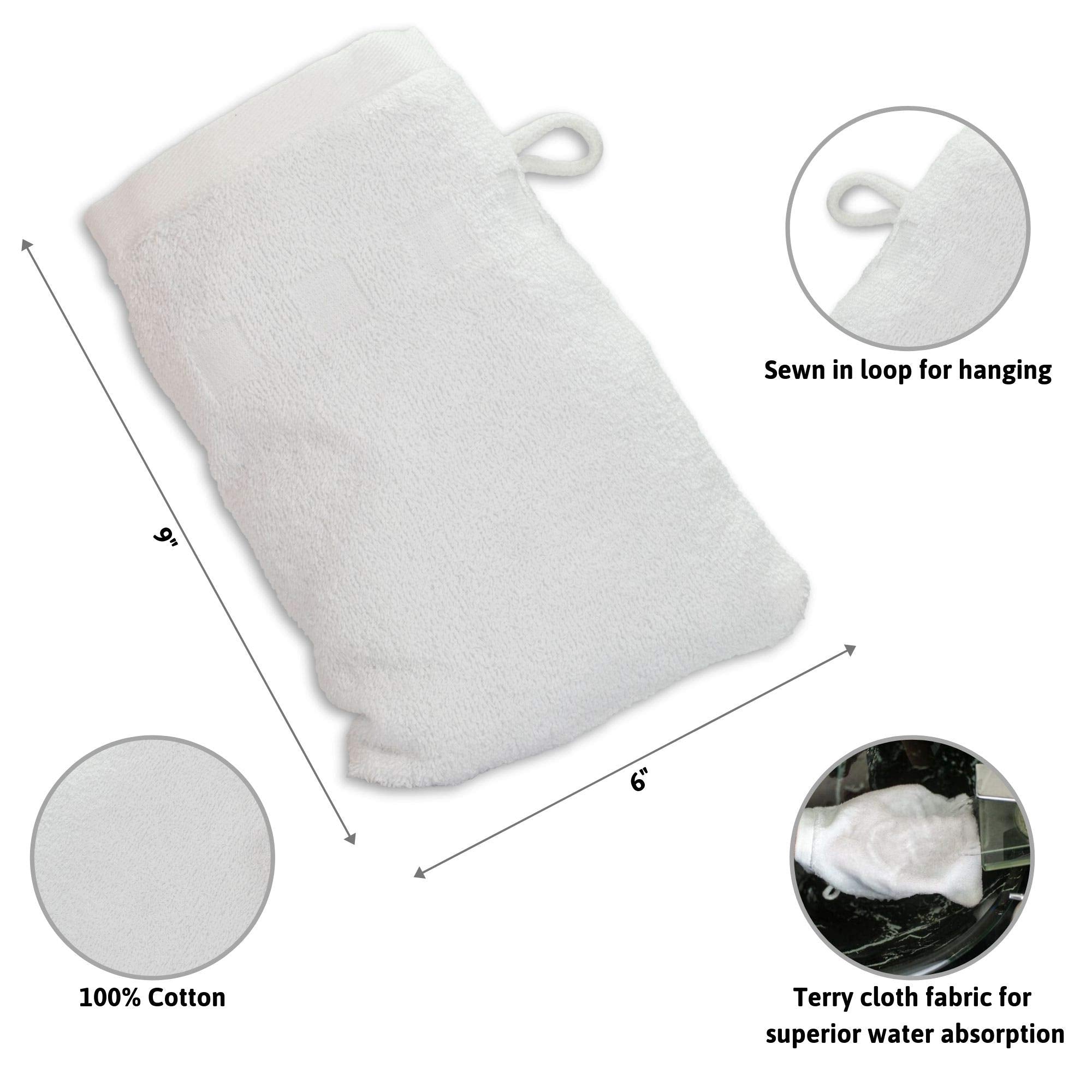 Made Easy Kit Bath Mitts - Pack Of 6 - (6'' X 9'') European Style Washcloth With Loop (White, 6 X 9 Inches)