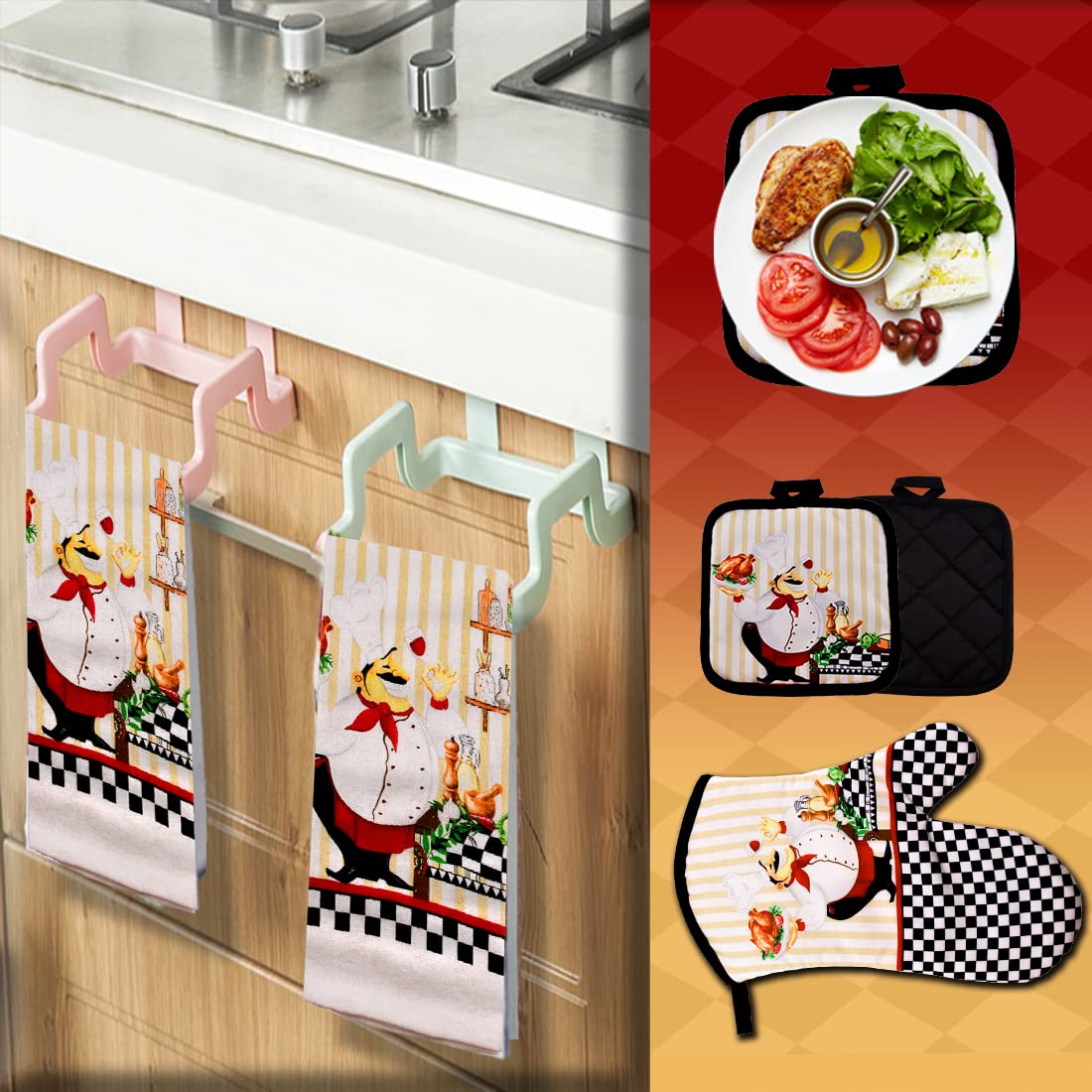 Lobyn Value Packs - Charming 5 Piece Kitchen Towel Set: Chubby Uniformed Chef Design, Includes 2 Decorative Dish Towels (25X15)