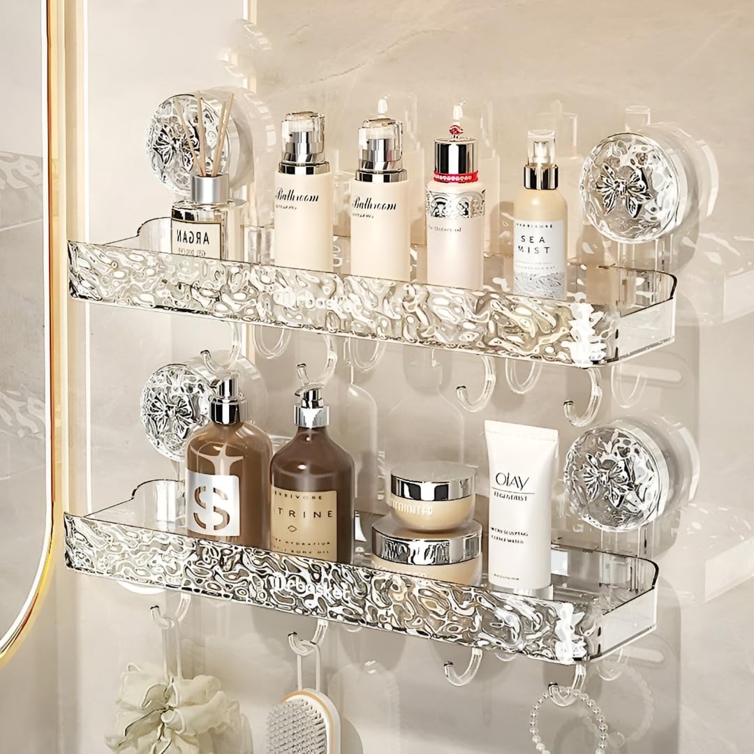 Zockrix Wall Mounted Bathroom Storage Rack With Suction Cups  Double Shelf With Hooks  Transparent & Patterned Front Design (2