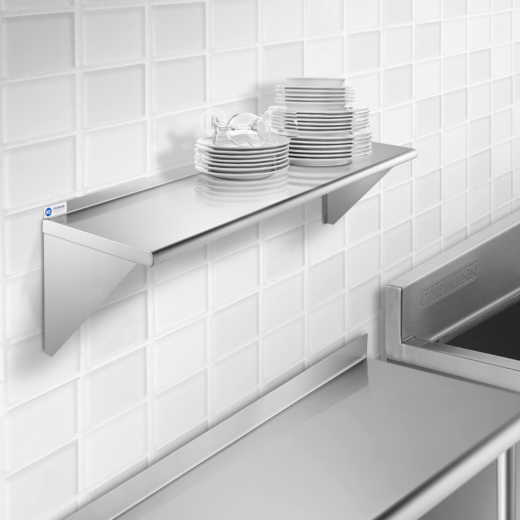 GRIDMANN 14'' x 48'' Stainless Steel Wall Mount Shelf with Backsplash  Commercial Grade - NSF Certified 18 Gauge Shelving for Restaurant  Kitchen  Utility Room  Garage