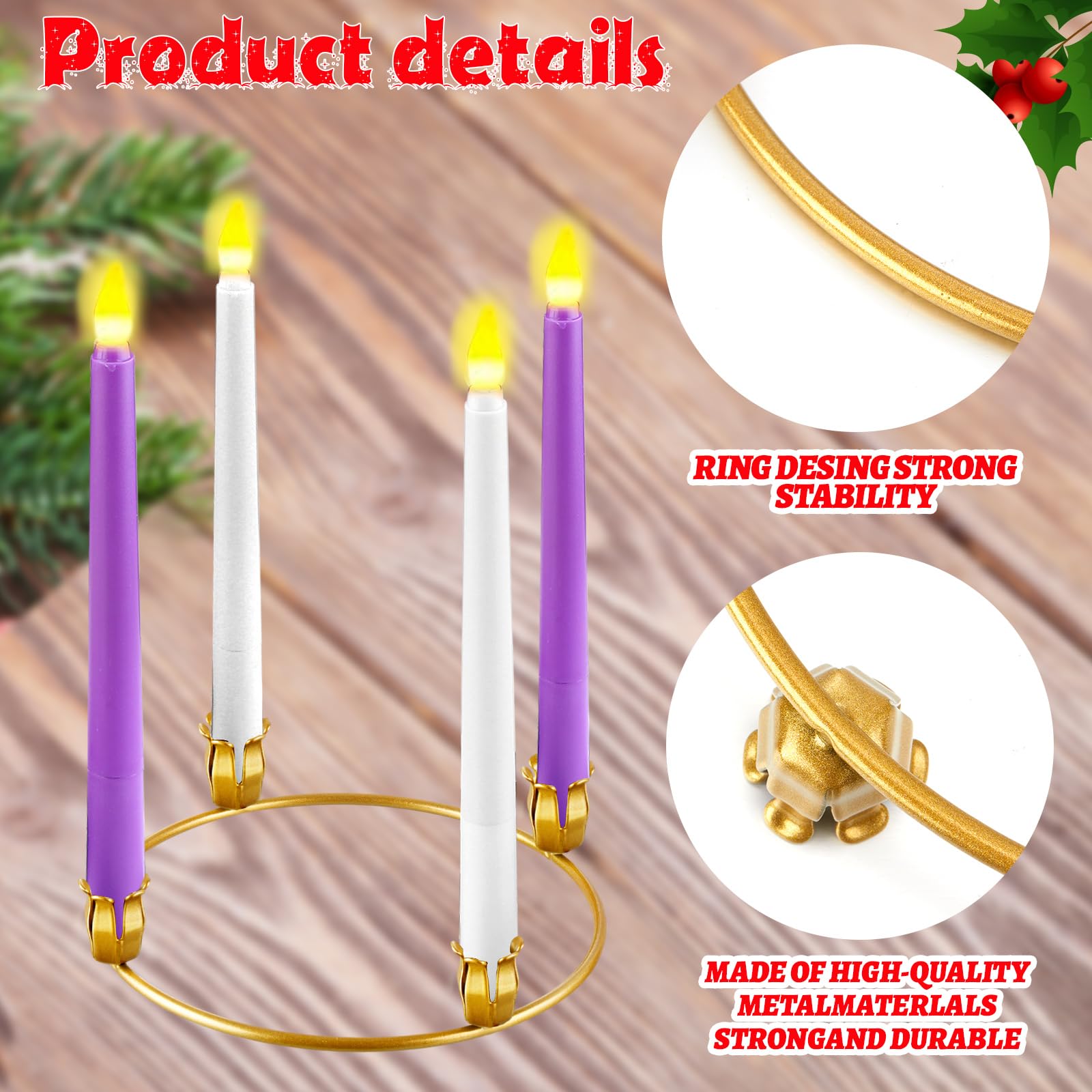 Thyle 12 Pcs Metal Christmas Advent Wreath Rings Bulk Gold Advent Wreath Candle Holder Xmas DIY Taper Candle Rings Table Candela