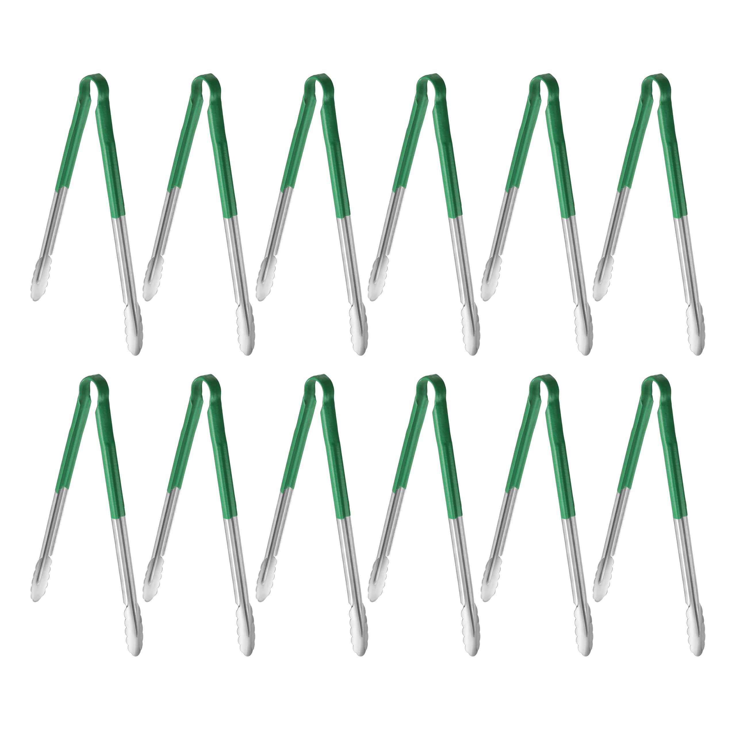 New Star Foodservice 16 Inch Utility Spring Tongs, Set of 12, Commercial Restaurant Grade Stainless Steel Tongs with Green Vinyl