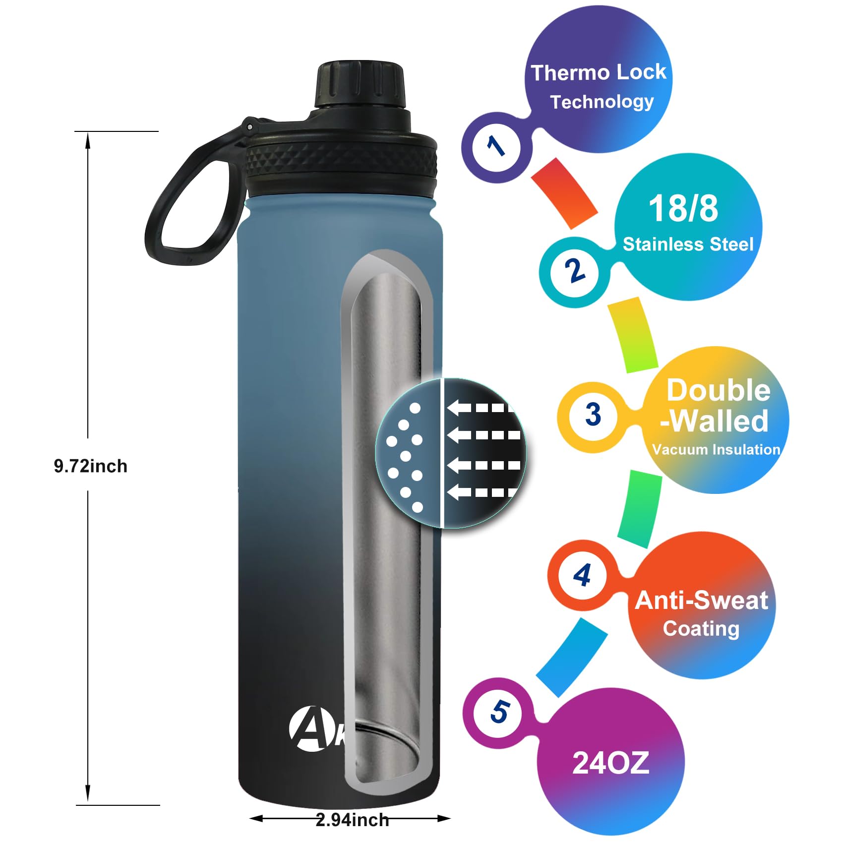 Akyta Sports Stainless Steel Water Bottle with Straw  Spout lid-24OZ -Wide Mouth Vacuum Insulated Thermos Water Bottles  Keep Water Cold/Hot  Metal Water Bottle for Biking Hiking (24 oz  Indigo black)