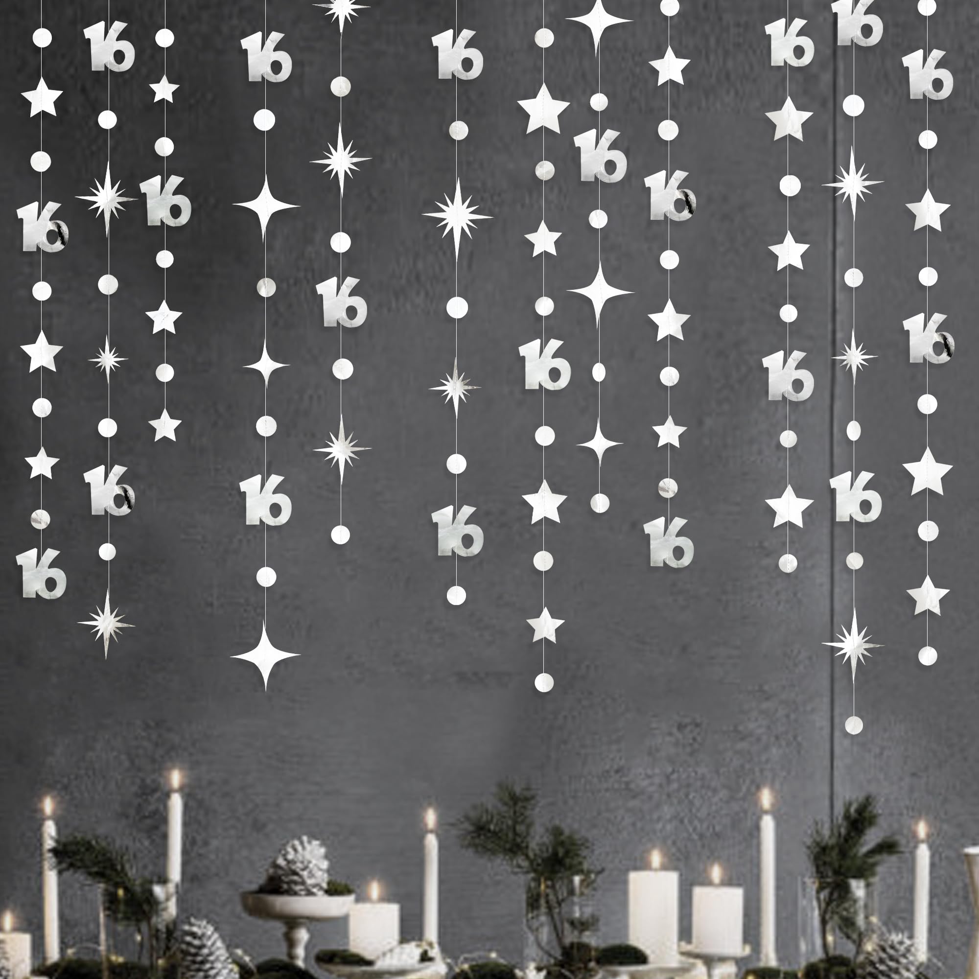Silver 16Th Birthday Decorations Number 16 Circle Dot Twinkle Star Garland Metallic Banner Backdrop For Girls Boys Happy 16Th Bi