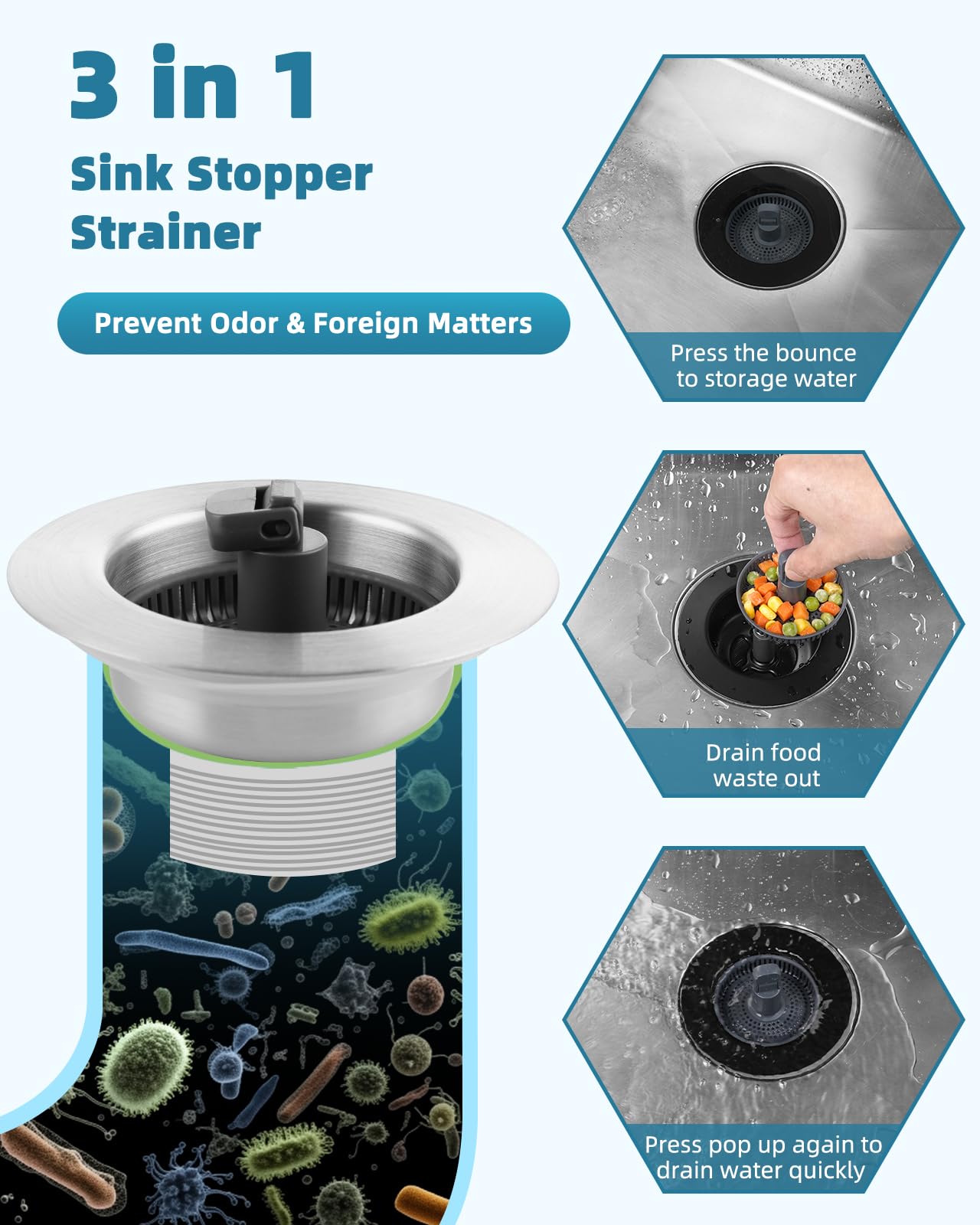 Universal Kitchen Sink Stopper Strainer Combo 3 In 1 Use, 304 Stainless Steel Pop Up Sink Drain Strainer With Upgrade Folded Rod
