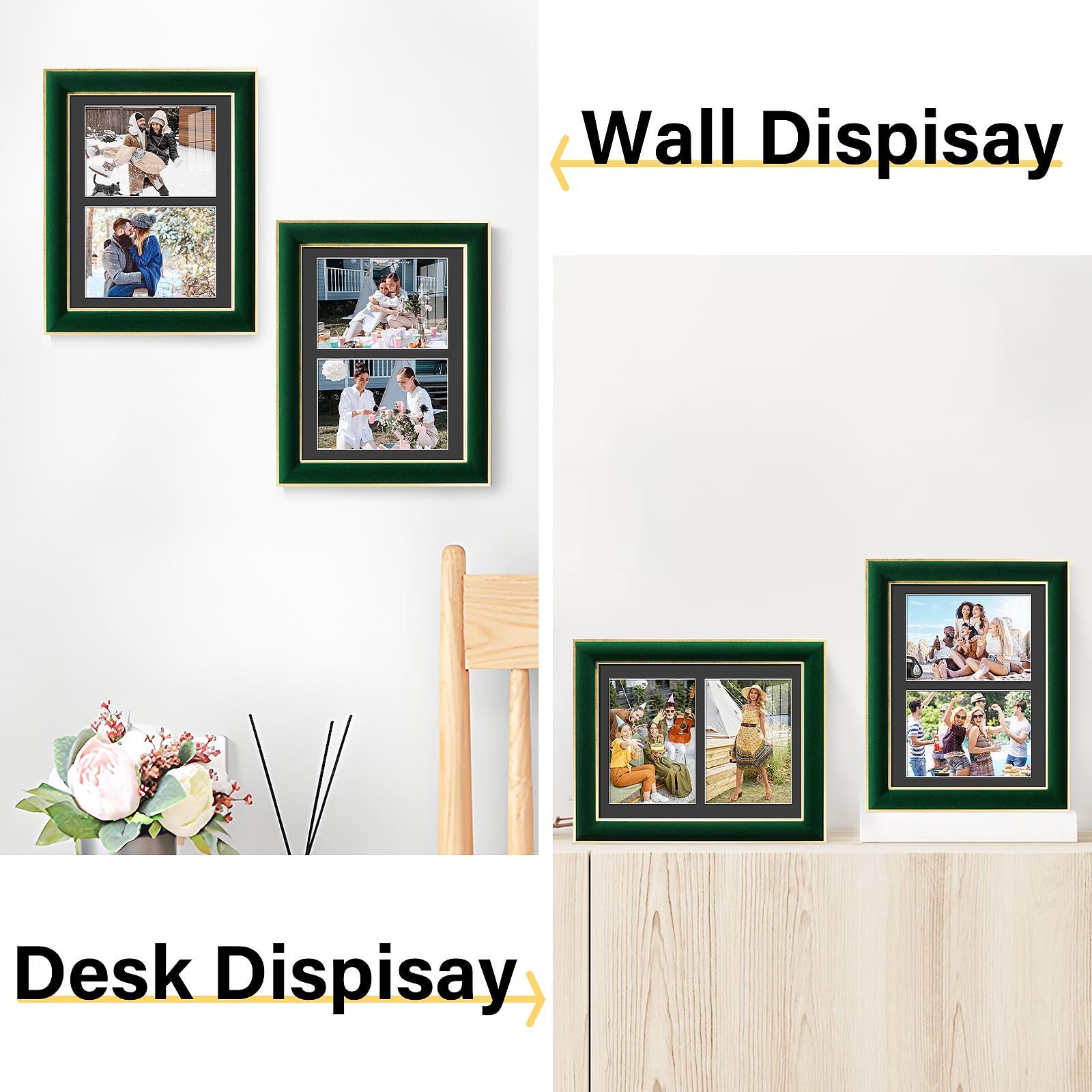 KSROECUD 8.5x11 Velvet Picture Frame with 2 Opening 5x7 Picture, HD Real Glass Green Velvet Photo Frame with Black White Border