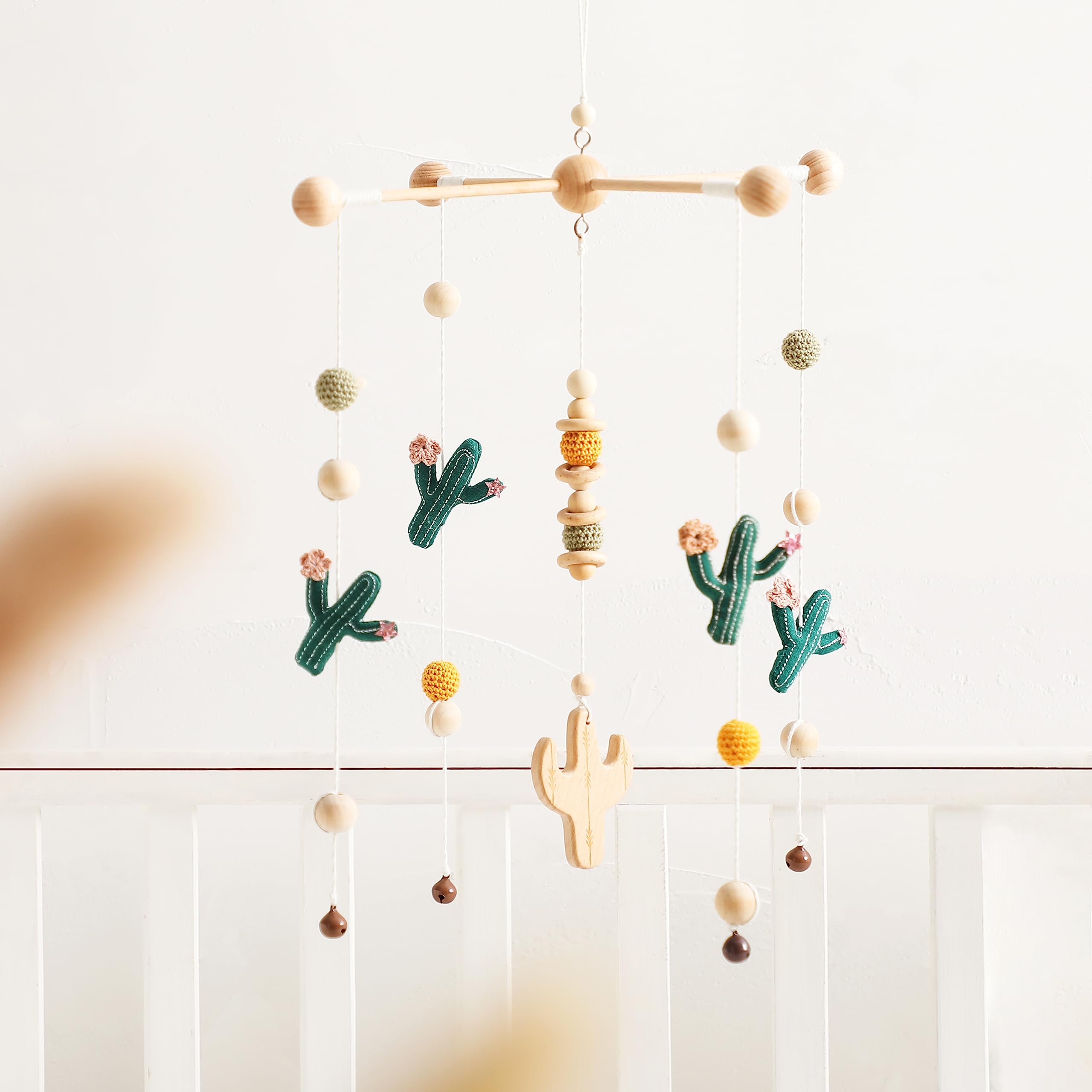 Baby Crib Mobile Cactus Nursery Mobiles Handmade Nordic Style Wooden Nursery Decoration Baby Photography Props Newborn Gift(Gree
