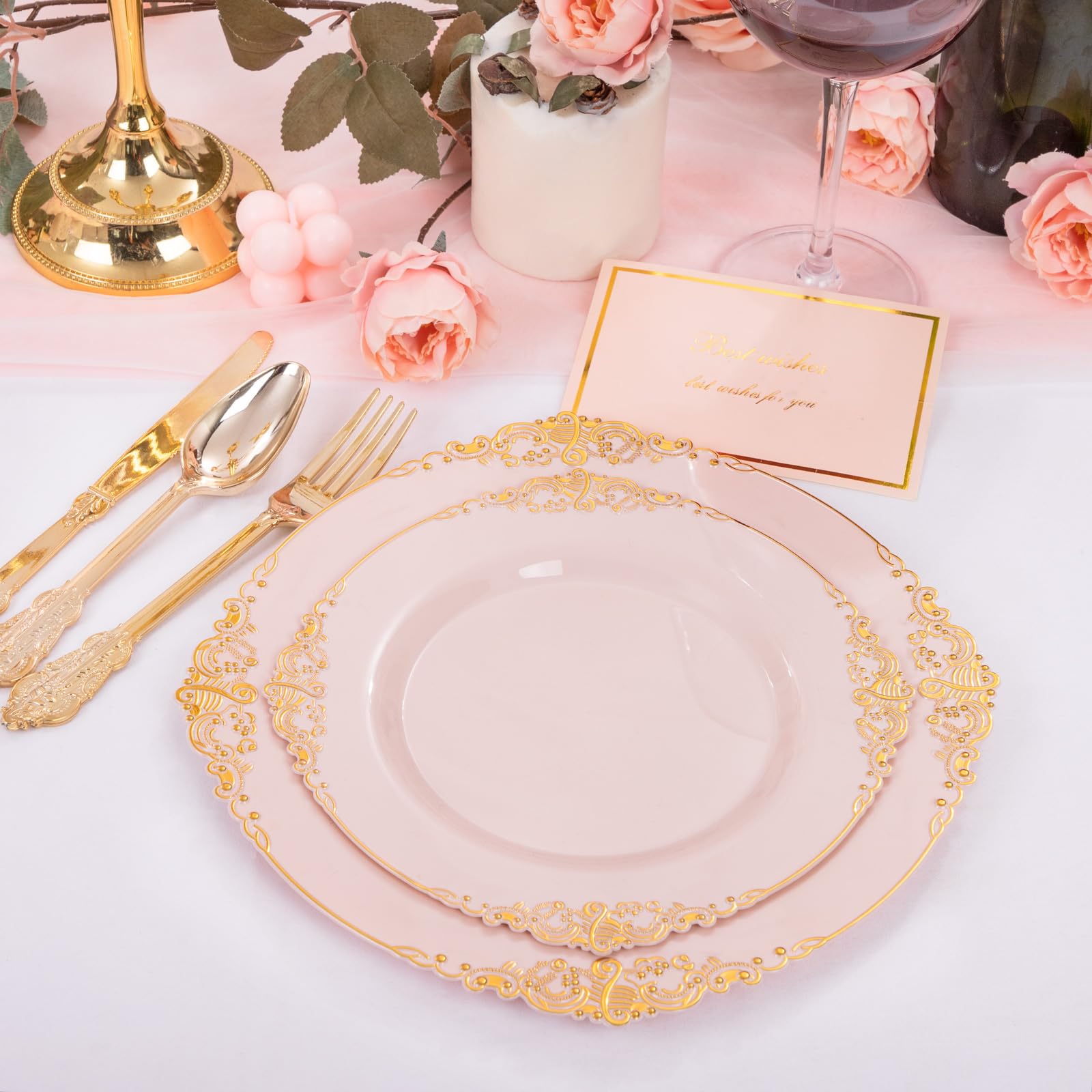 Joyido 102Pcs Pink Plastic Plates With Gold Rim - Pink Heavywight Disposable Dinner & Dessert Plates For 51 Guests Weddings & Va