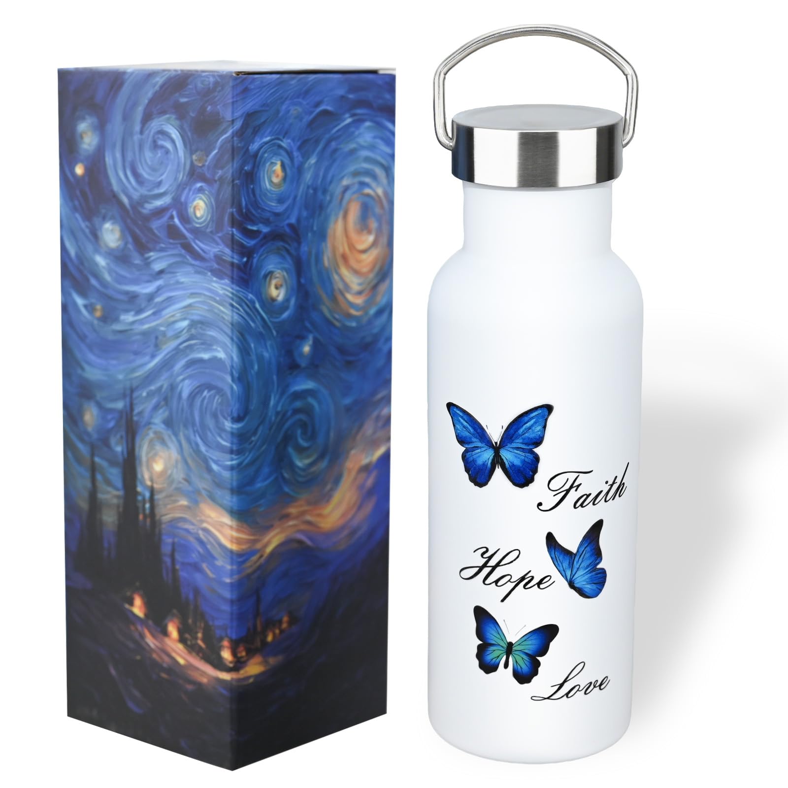 MeowvCraft Insulated Stainless Steel Water Bottle, White Butterfly 17oz