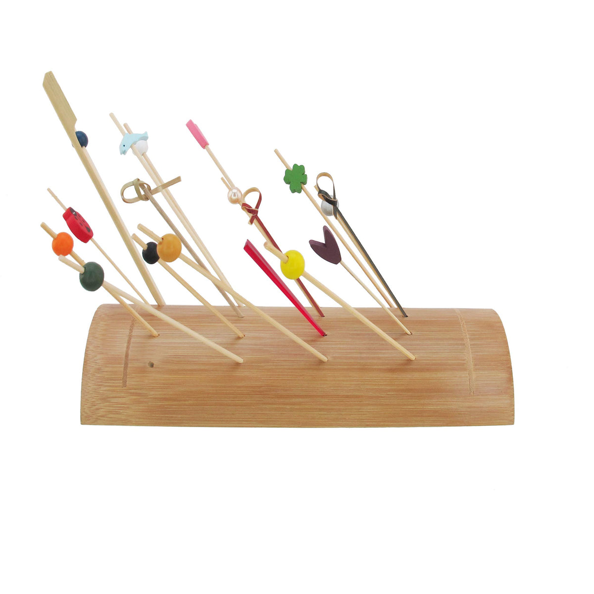 Bamboomn 9.84'' Bamboo Skewer Holder Food Display Stand Half Cut Skewers Stand W/ 20 Holes - Carbonized Brown - 1 Piece