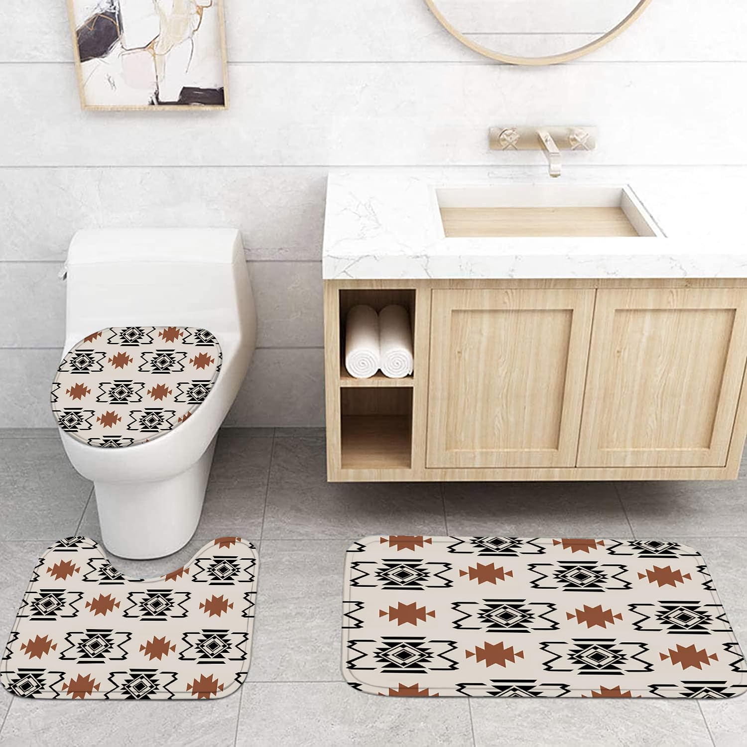 Pretyw 4-Piece Western Aztec Shower Curtain Set Geometric Vintage Bathroom Set With Shower Curtain And Rugs, Boho Abstract Patte