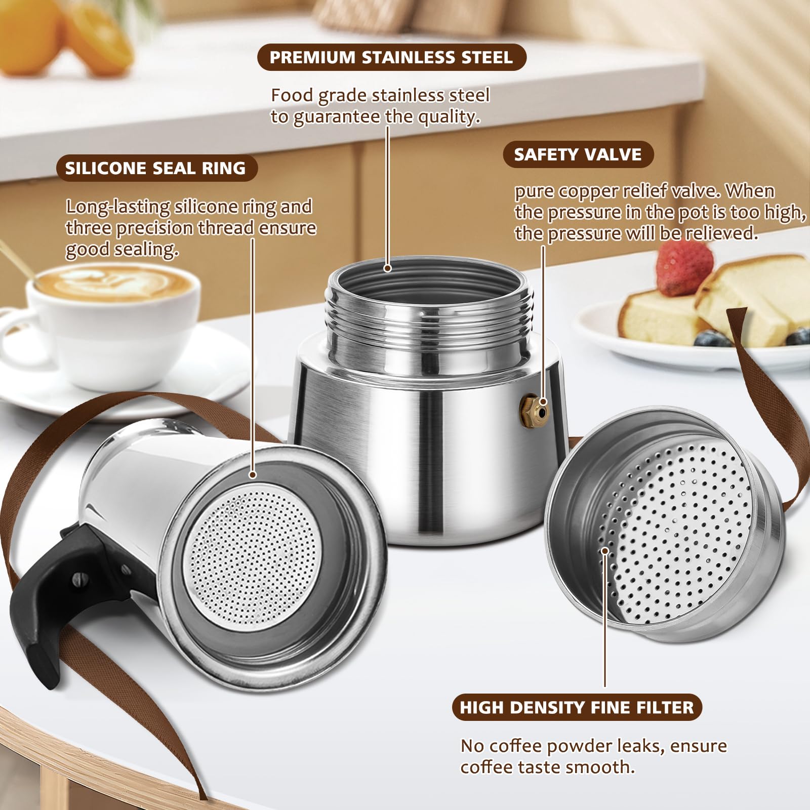 Vonates Stovetop Espresso Maker, 6 Cup Moka Pot, Italian Coffee Maker Percolator, Stainless Steel Espresso Pots, 300Ml/10Oz(Espr