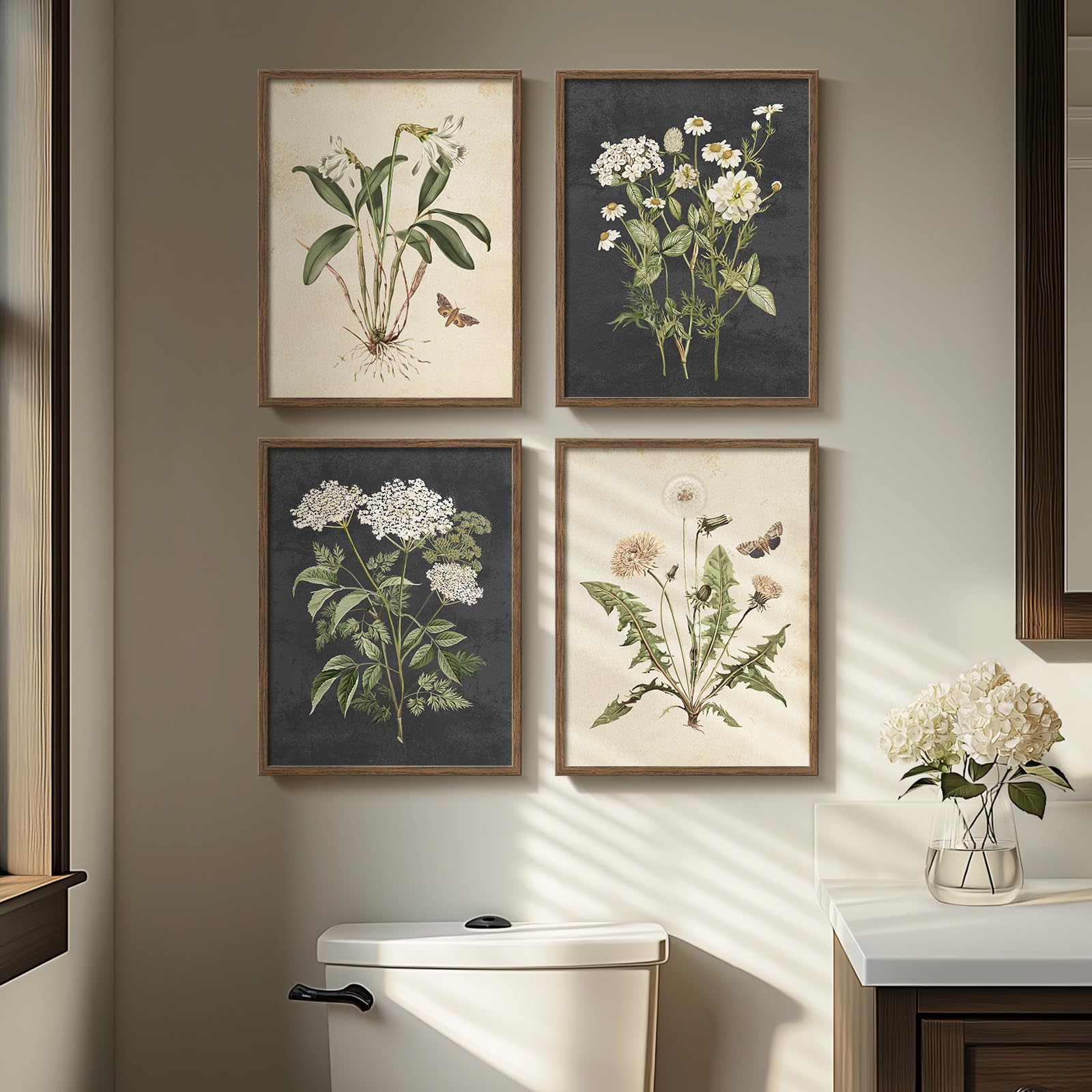 Framed Botanical Wall Art - 4 Piece Rustic Floral Canvas Paintings Prints Artwork For Walls, Vintage Flower Butterfly Pictures F