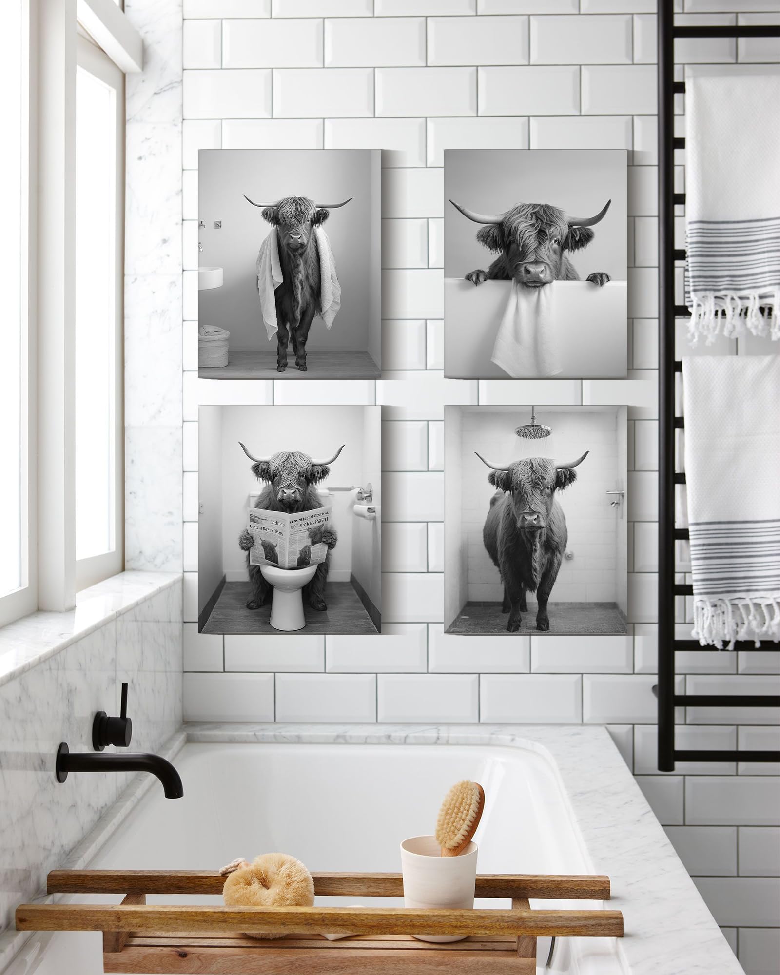 Funny Highland Cow Bathroom Wall Art Framed Black And White Rustic Cute Bathroom Canvas Prints For Bathroom Restroom Decor 12X16