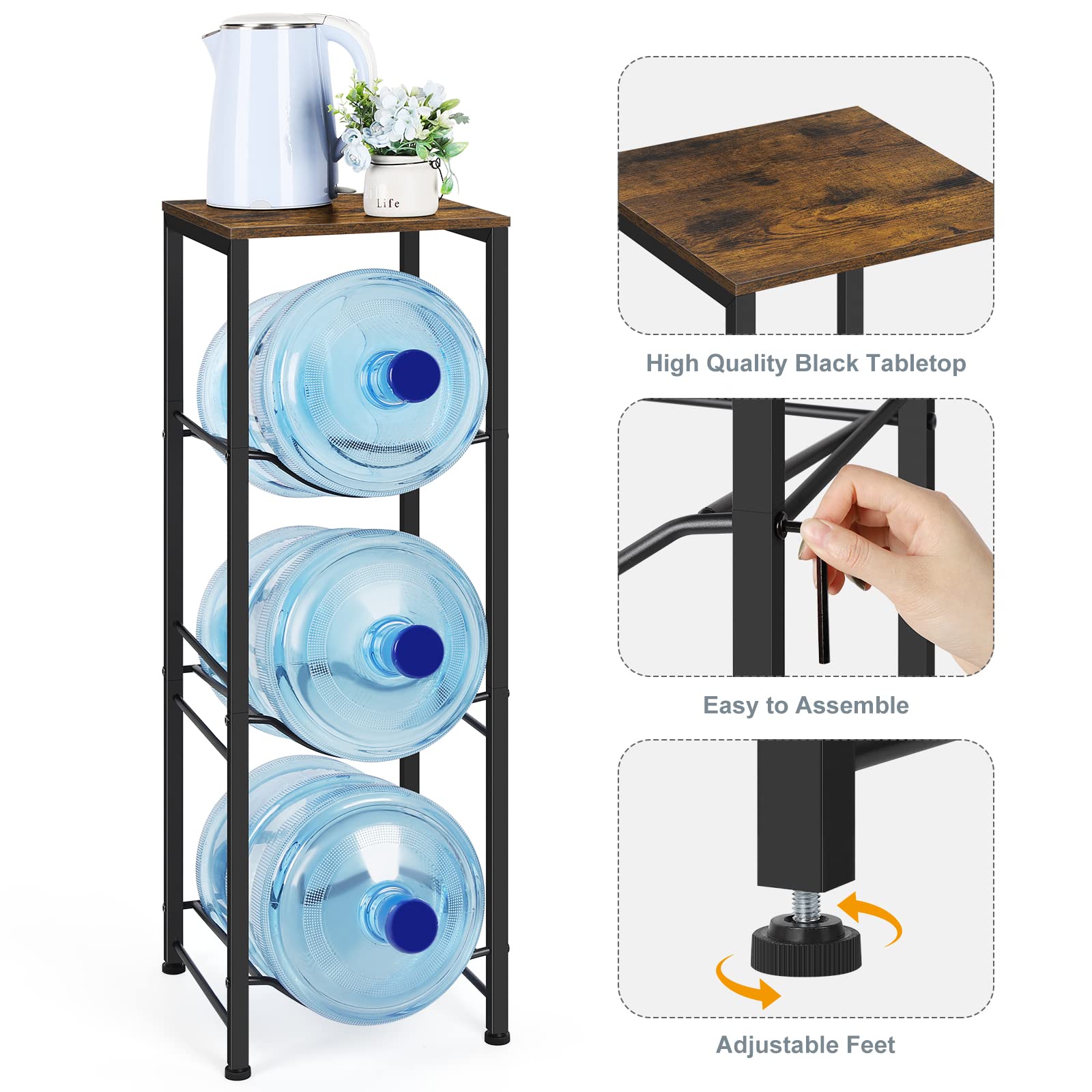 Water Bottle Holder 5 Gallon Water Cooler Jug Rack 3-Tiers Water Bottle Organizer With Storage Shelves For Kitchen Living Room O