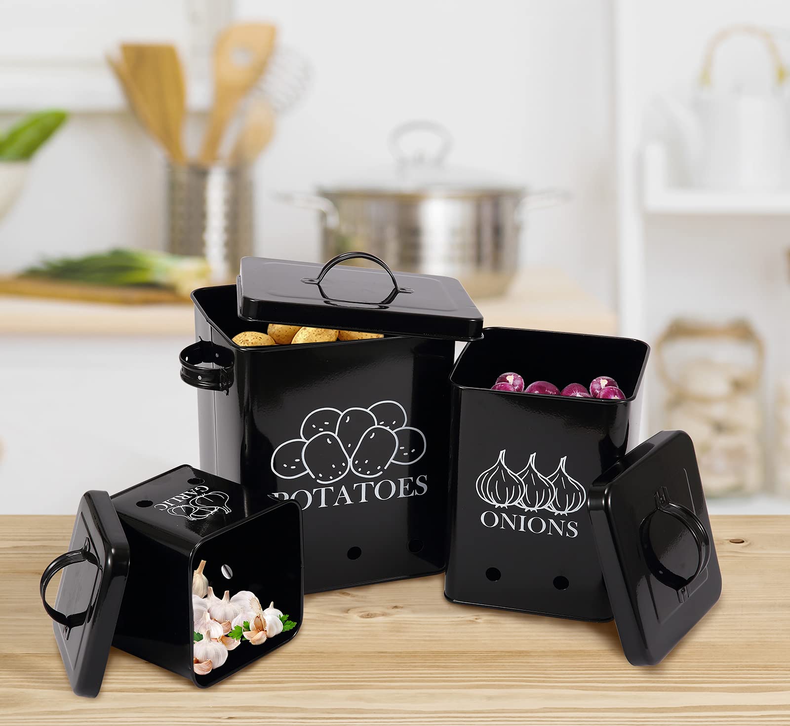 Potato Onion Kitchen Storage Canisters Jars Pots Containers 3 Pack Set - Potatoe, Garlic Bin Caddy, Long Shelf Life With Aeratin