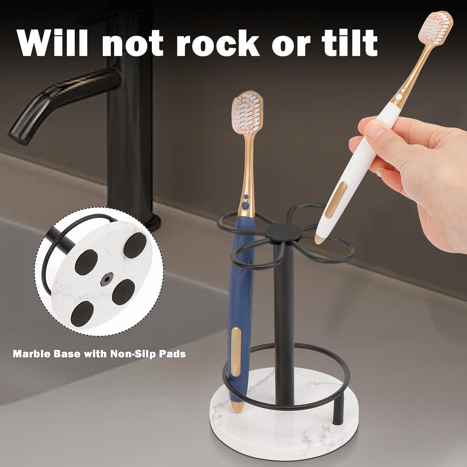 Harjue Toothbrush Holder Stand For Bathroom, Metal Toothbrush Organizer With Marble Base, Toothbrush Storage Collection For Fami