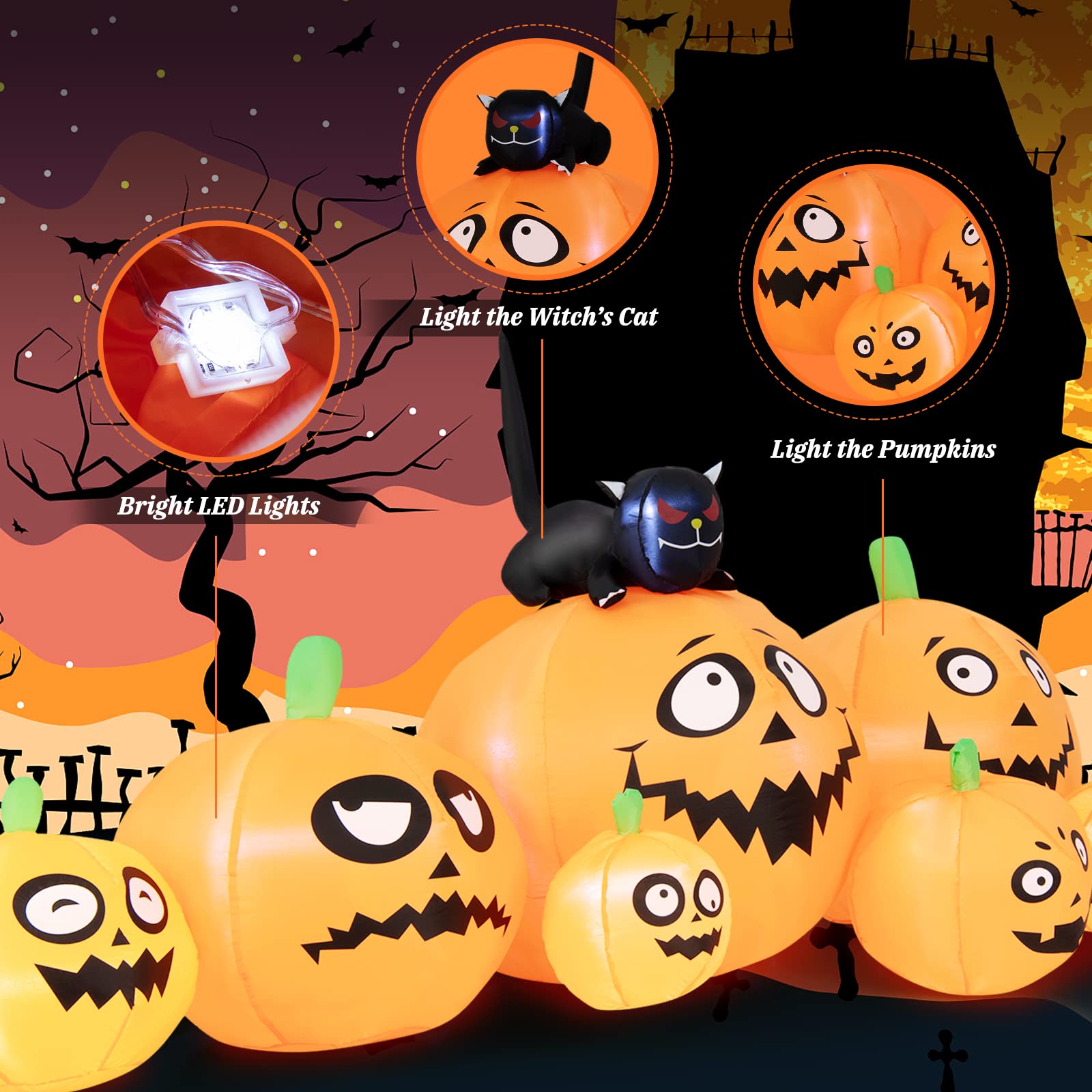 Tangkula 8 FT Halloween Inflatable Pumpkin Patch Lanterns with Witchs Cat, Blow Up 7 Pumpkins Family with Built-in LED Lights &
