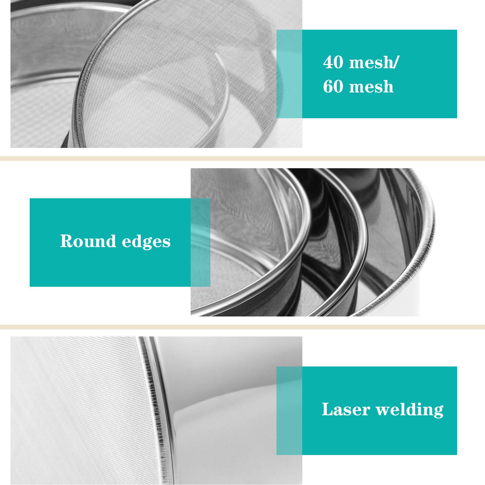 3 Pieces Stainless Steel Round Flour Sifter 6 Inch And 8 Inch 60 Mesh 7 Inch 40 Mesh Sieve Fine Mesh For Bake Decorate Cakes, Pi