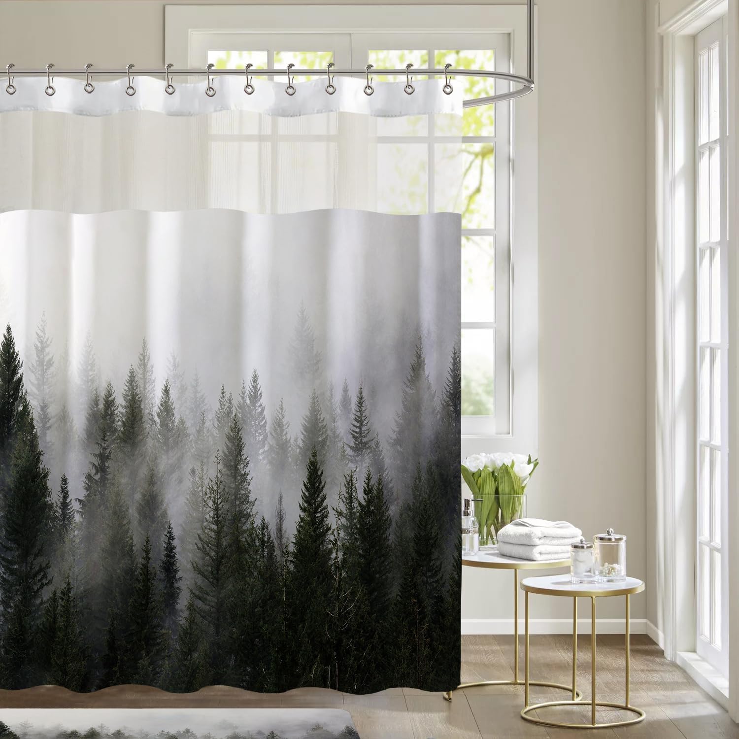 Ortigia Double Misty Forest Shower Curtain Set With Snap In Liner For Bathroom, Dark Green Nature Shower Curtains With See Throu