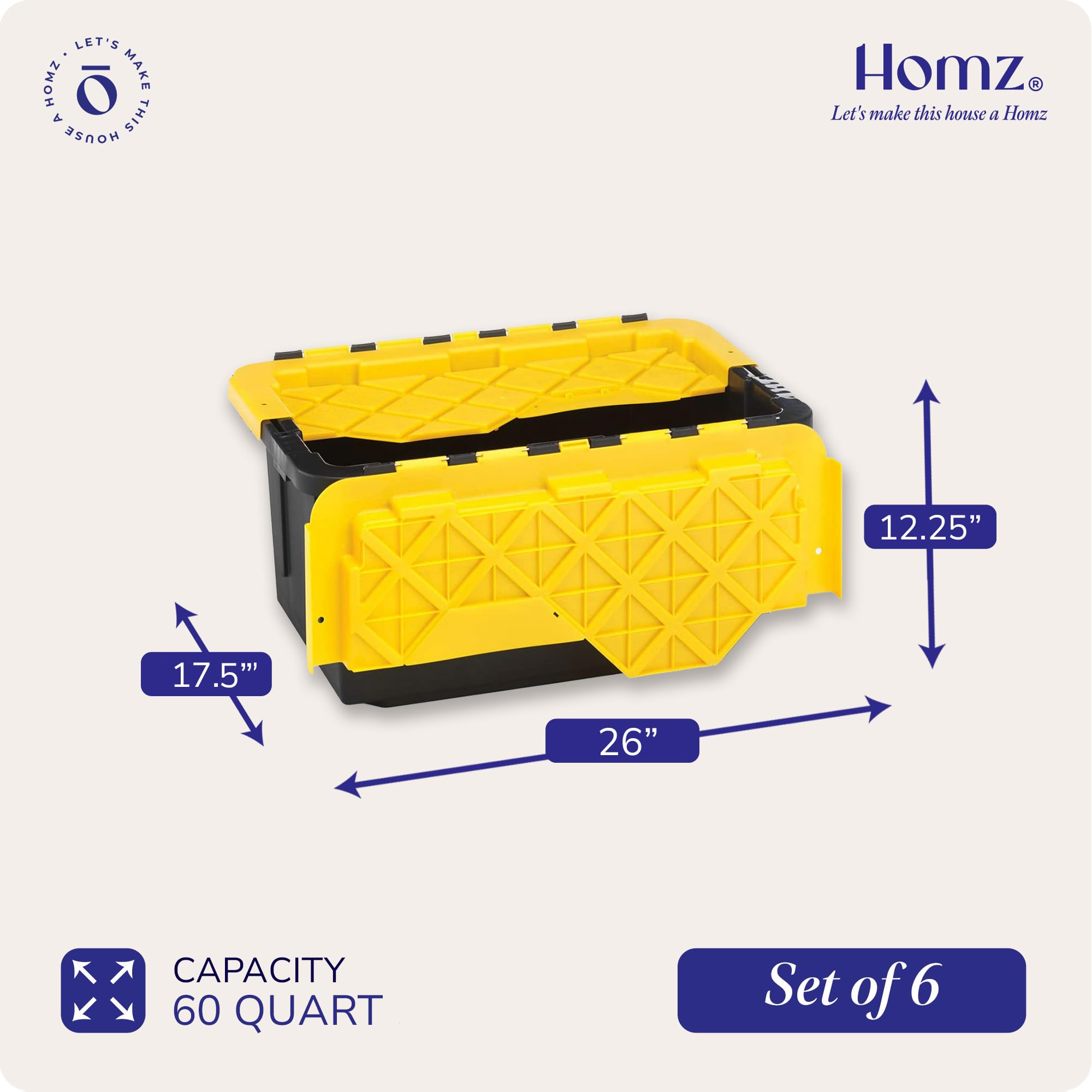 Homz 6-Pack Durabilt, Heavy Duty Plastic Storage Bins With Lids, 15 Gallon, Black/Yellow