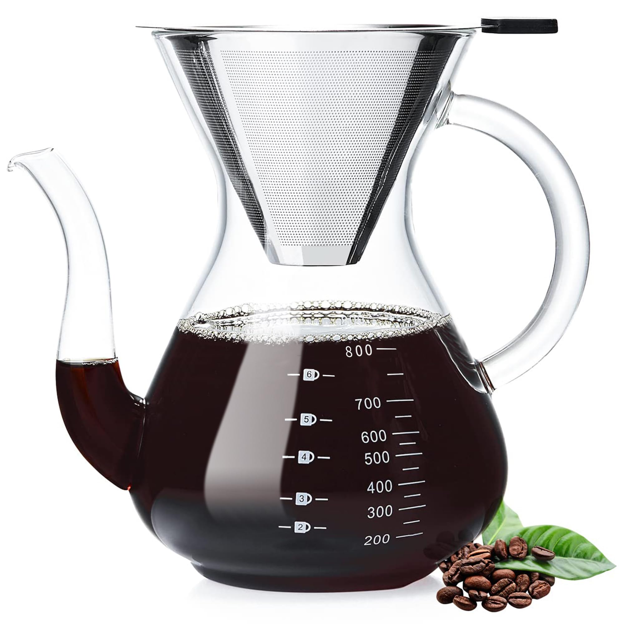 Unbreakable Pour Over Coffee Maker With Double Stainless Filter 8-Cup, Thickened Heat-Resistant Borosilicate Glass Pour Over Cof