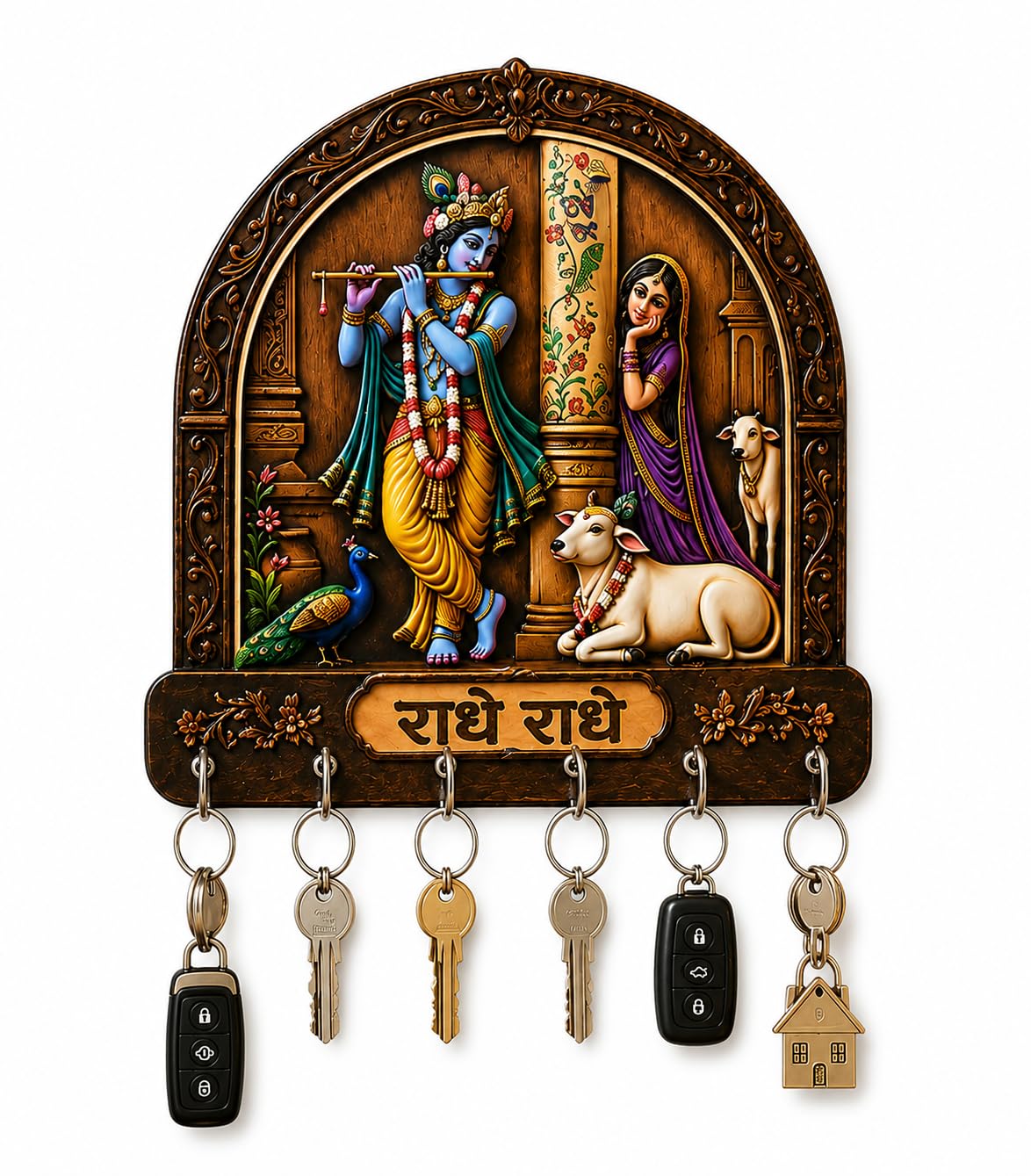 Aaryon Collection Radha Krishna Wooden Key Holder With 6 Hooks