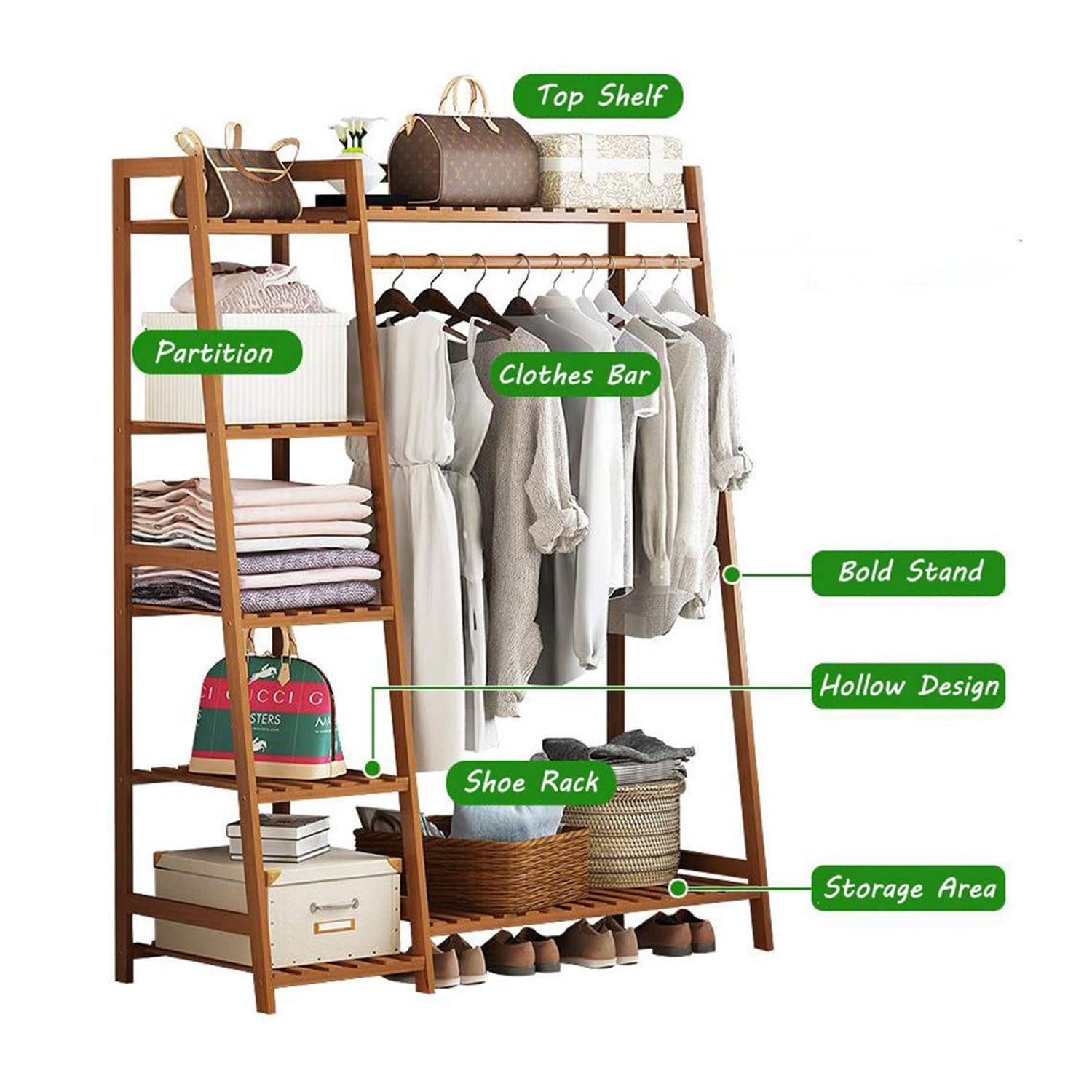 Leopax Bamboo Coat/Clothing/Garment Rack/Freestanding Storage Shelf With 5-Tier Shelf (130 X 40 X 140Cm, Natural)