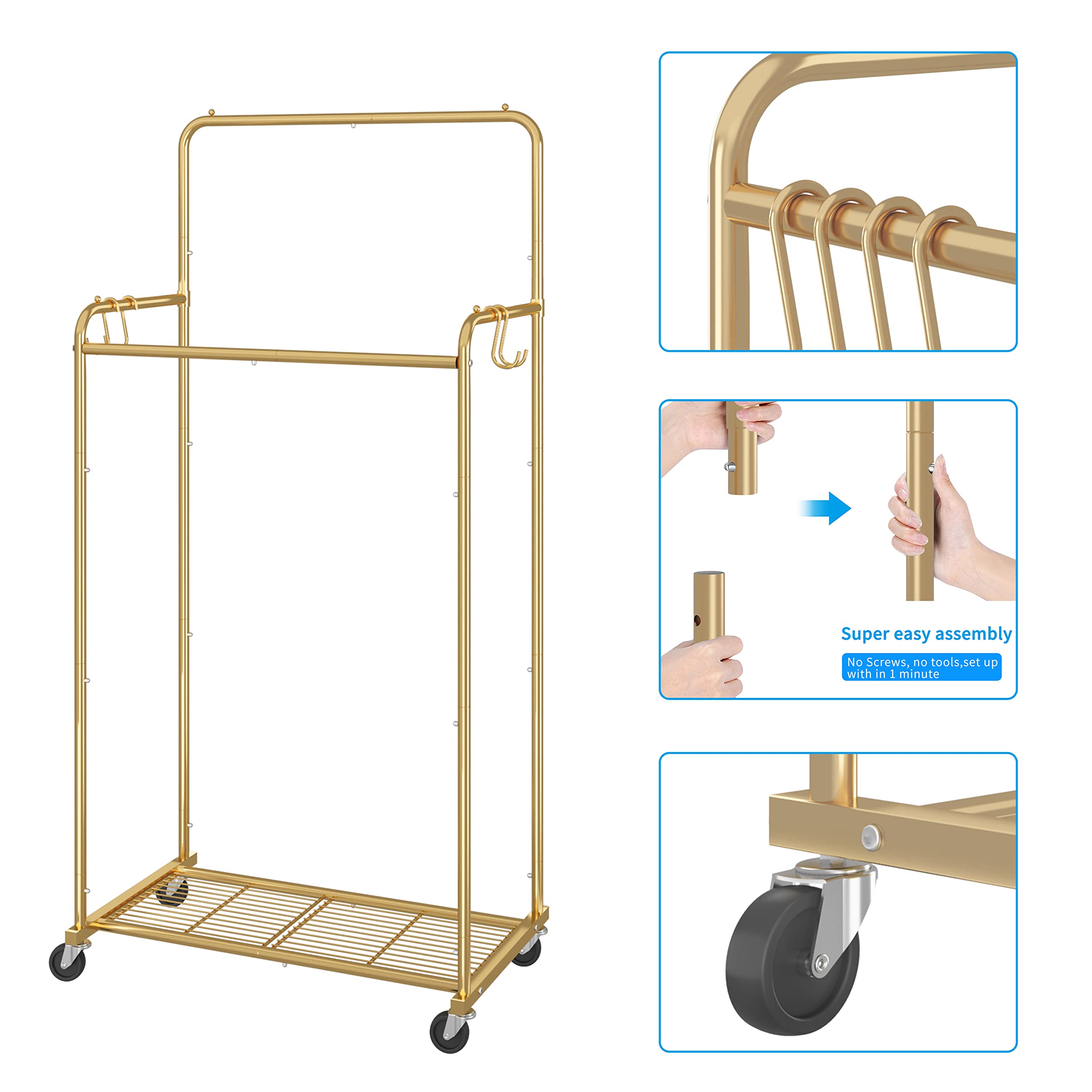 Simple Trending Double Rod Clothes Garment Rack, Heavy Duty Clothing Rolling Rack On Wheels For Hanging Clothes,With 4 Hooks, Go