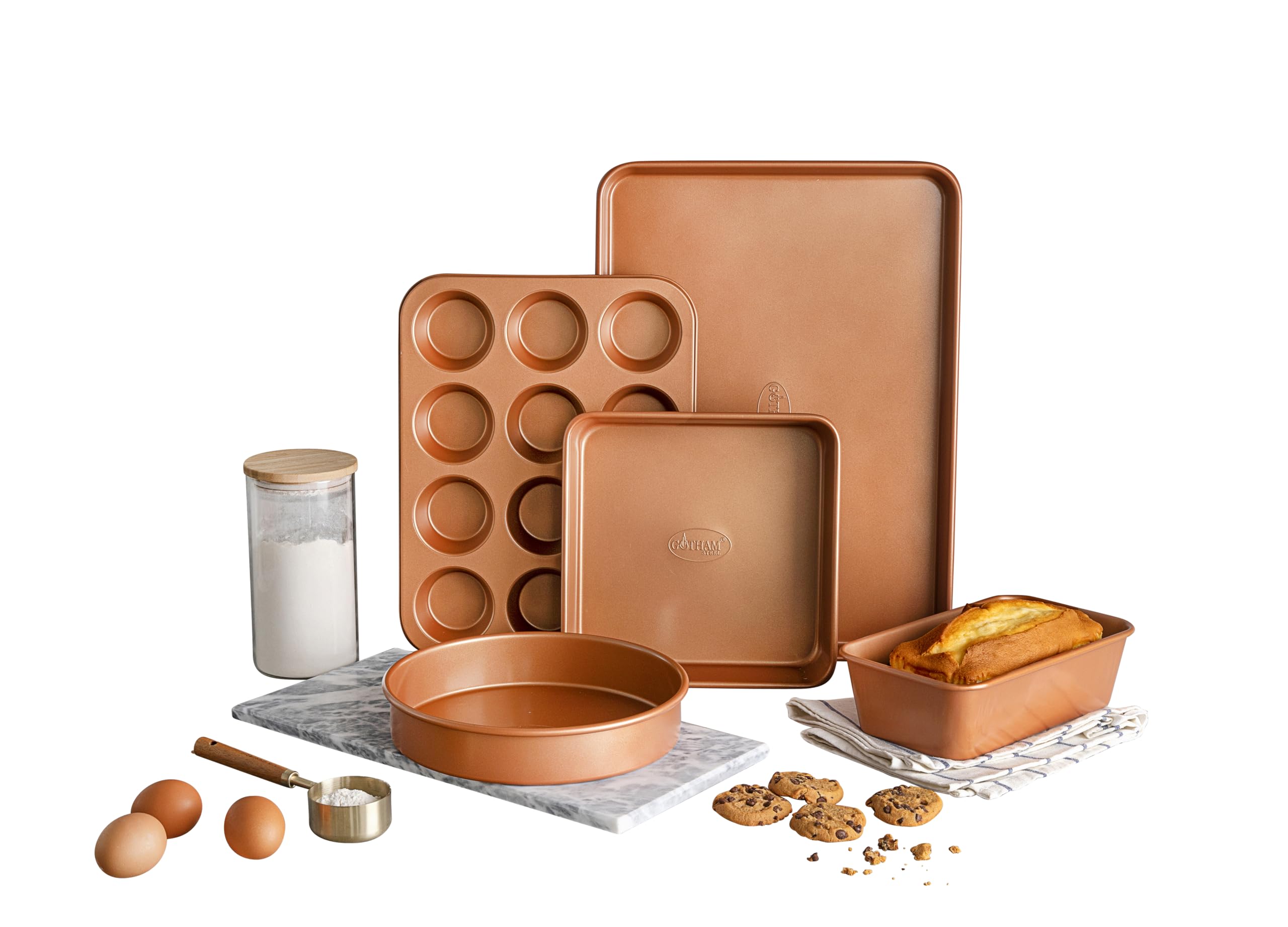 Gotham Steel Non Stick Ceramic Bakeware Set, 5 Piece No Warp & Dishwasher Safe Baking Set, Baking Pans Set with Round & Square B