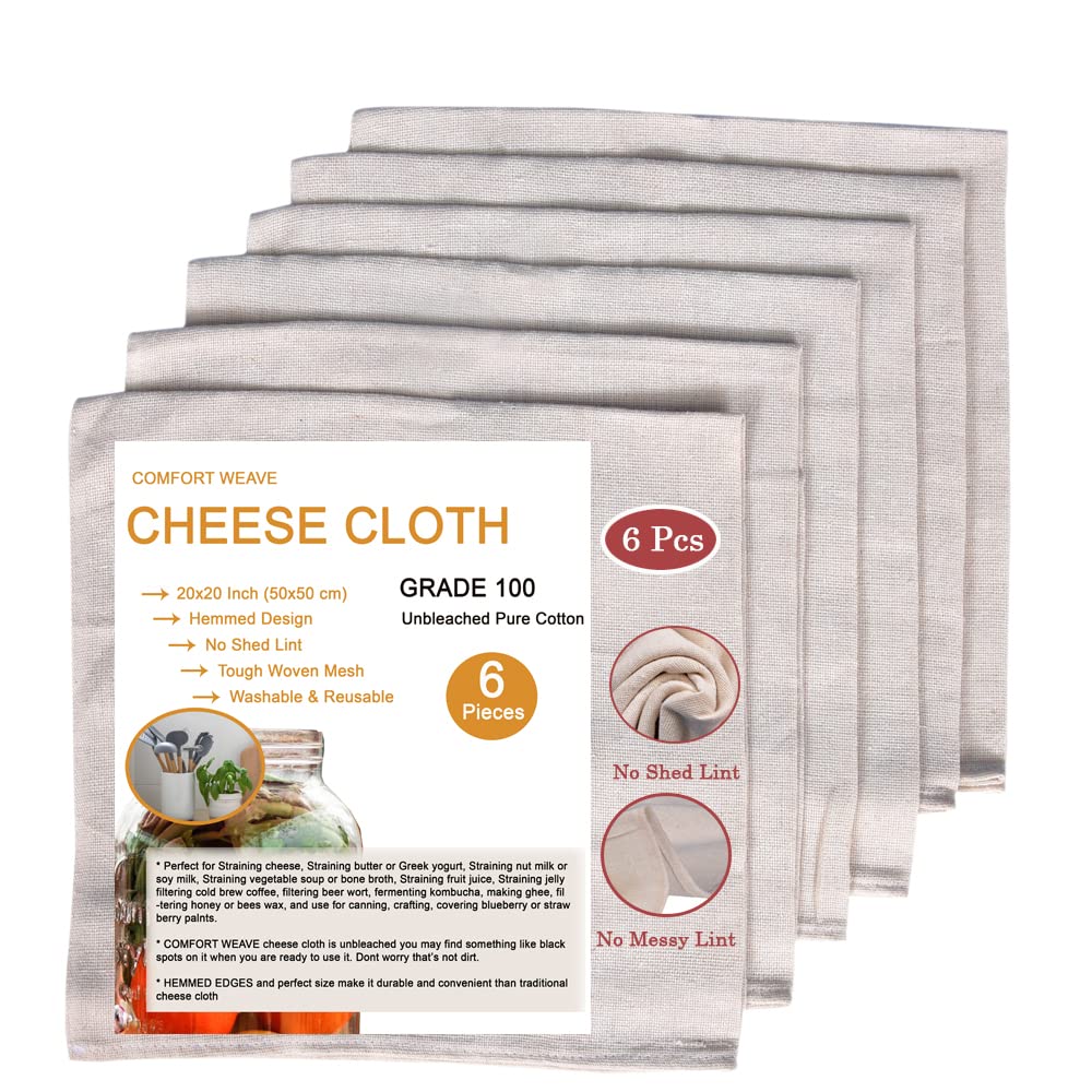 COMFORT WEAVE CHEESE CLOTHS, GRADE 100, 20X20 Inch Hemmed Cheesecloth, 100% Unbleached Muslin Cloth - 6 PCS