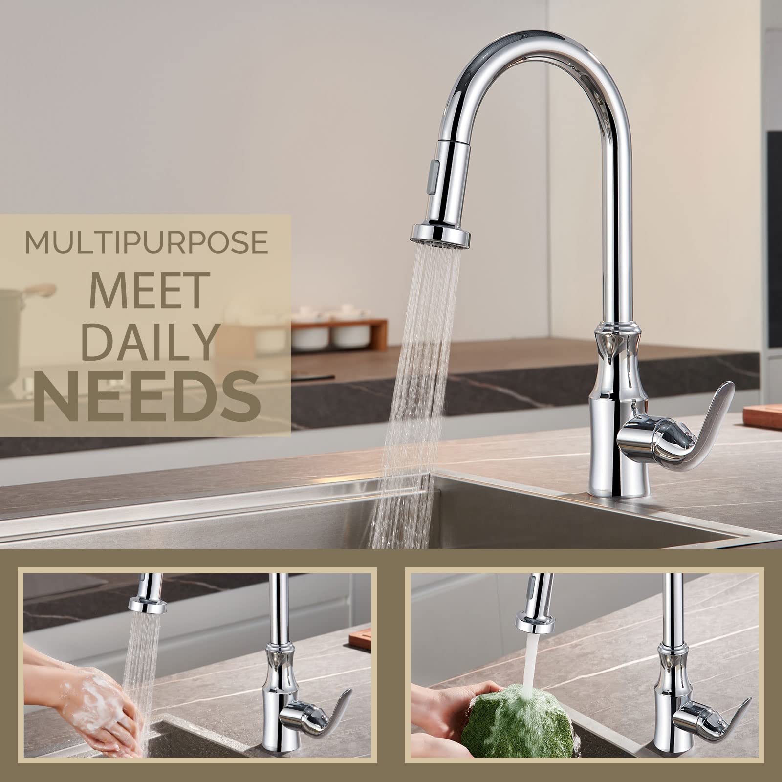 Faucet Head Replacement Chrome, Angle Simple Kitchen Sink Faucet Sprayer, Pull Down Hose Spray Head, Stream And Spray Mode, Male