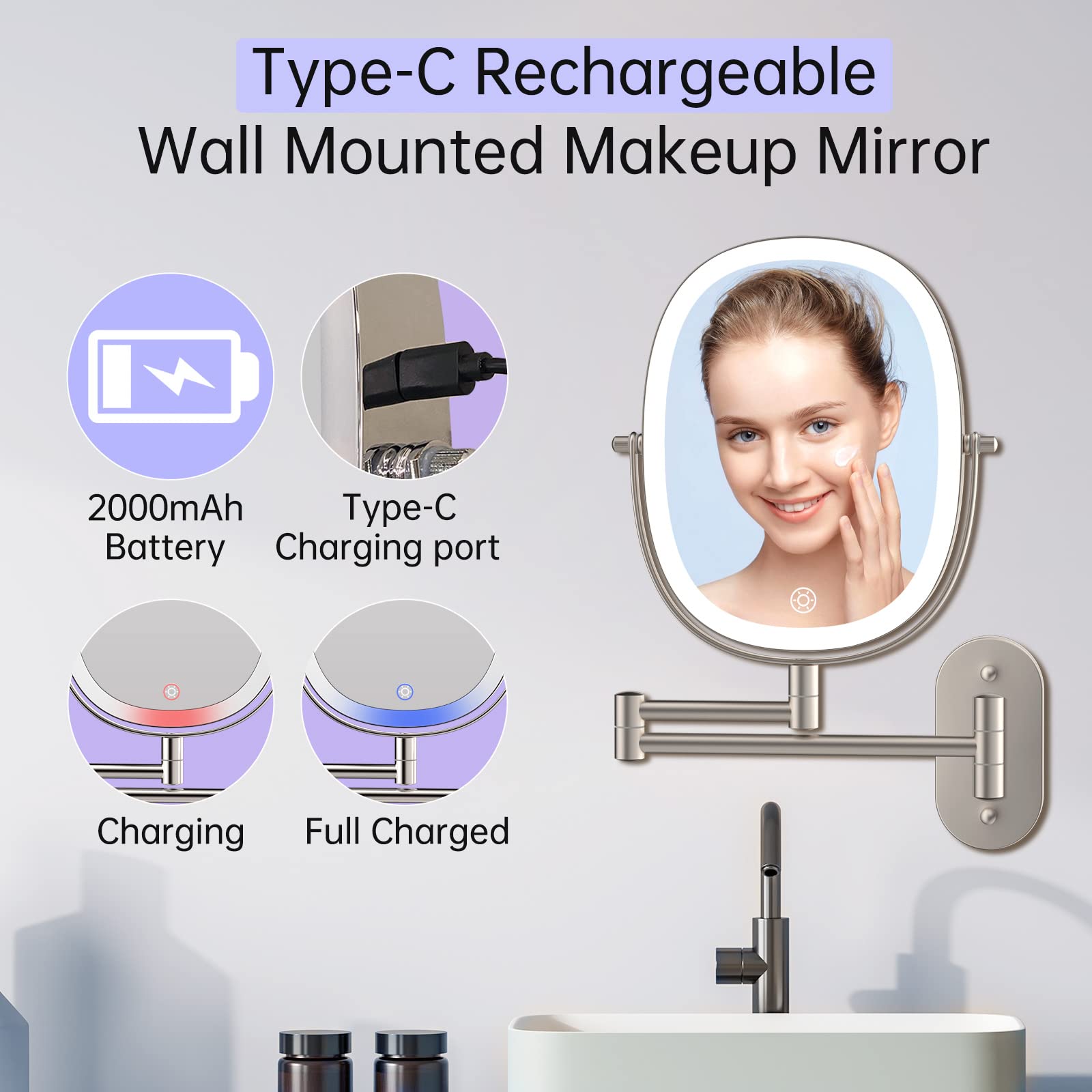 FUNTOUCH Lighted Wall Mounted Makeup Mirror, 1X/7X Magnifying, 15"L x 10.8"W, Brush Nickel, Rechargeable, 360° Rotation, D