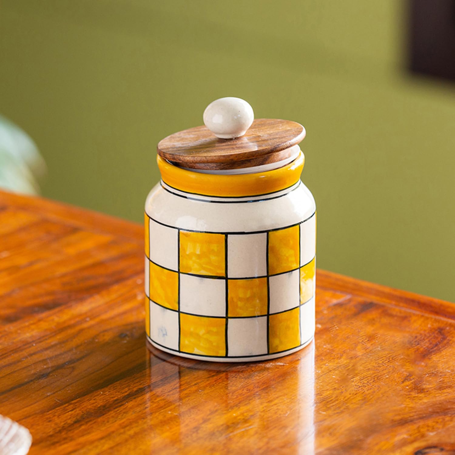 Exclusivelane Mughal Drum Multipurpose Storage Ceramic Jar For Kitchen Storage With Wooden Lid (Airtight,410 Ml)|For Kitchen S