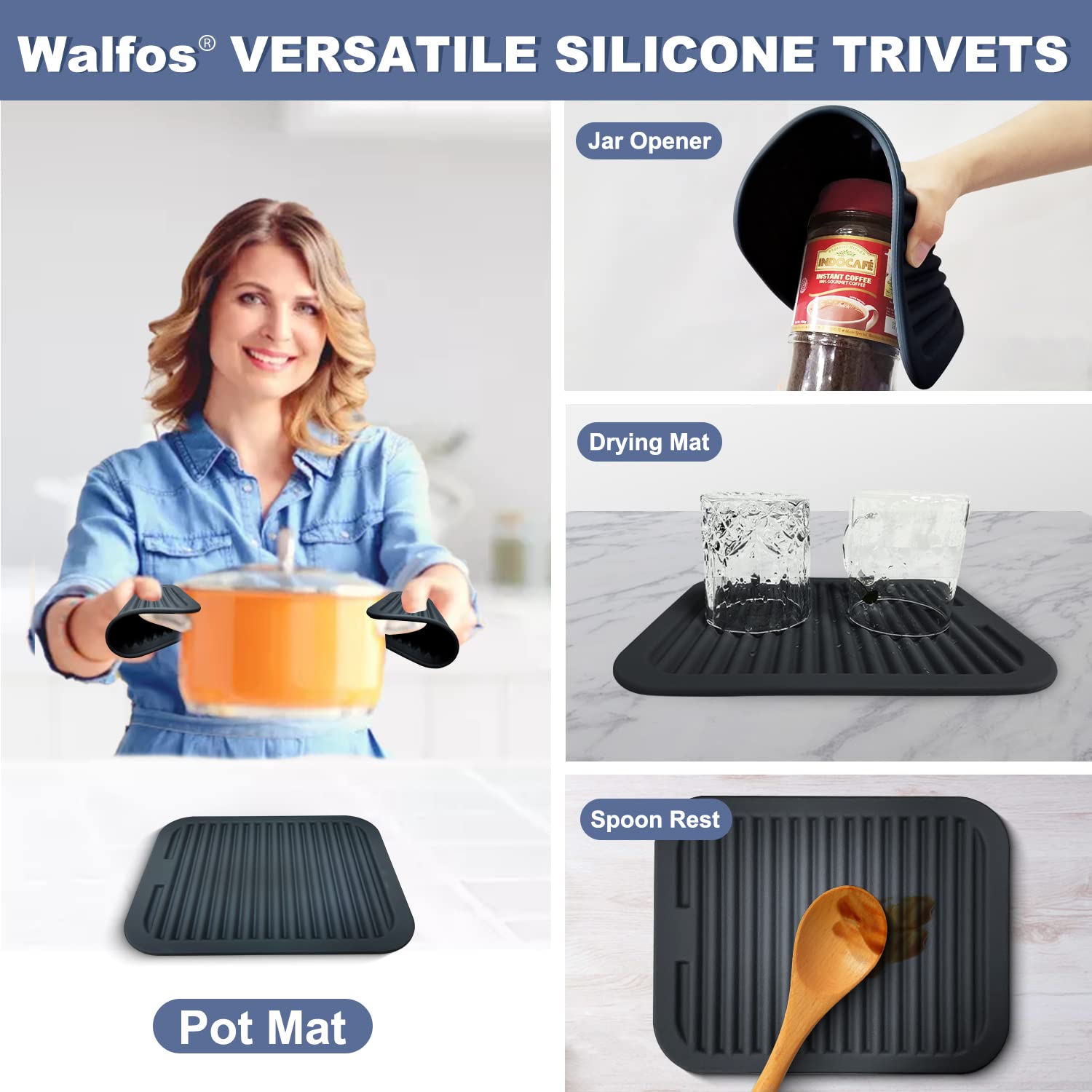 Walfos Silicone Trivets Set - Heat Resistant Pot Holder, Non-Slip And Flexible, 2 Pcs Multi-Purpose Kitchen Table Mat, Prefect F