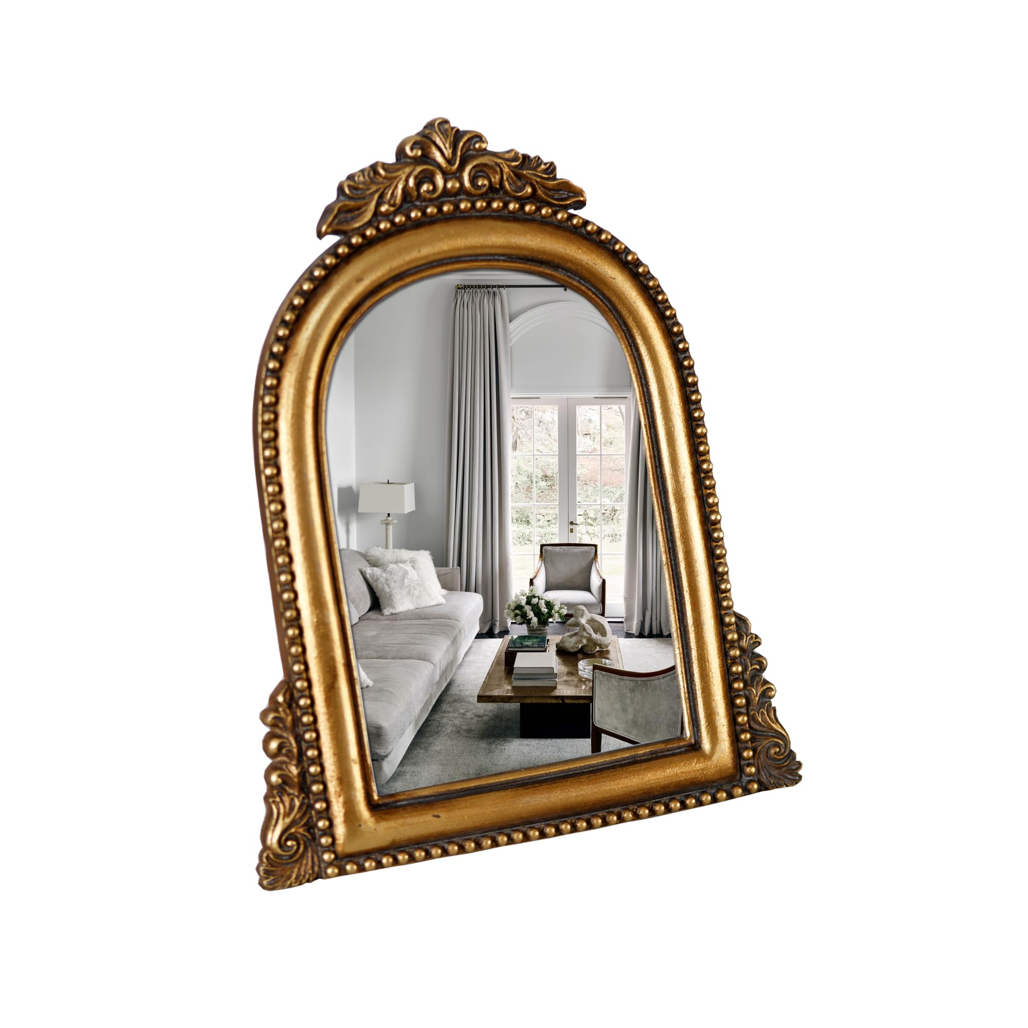 Oigumr Gold Ornate Baroque Mirror Vanity Desk Table Mirror Arched Makeup Mirror Antique Mirror With Resin Frame 9.6X6.5 Inch