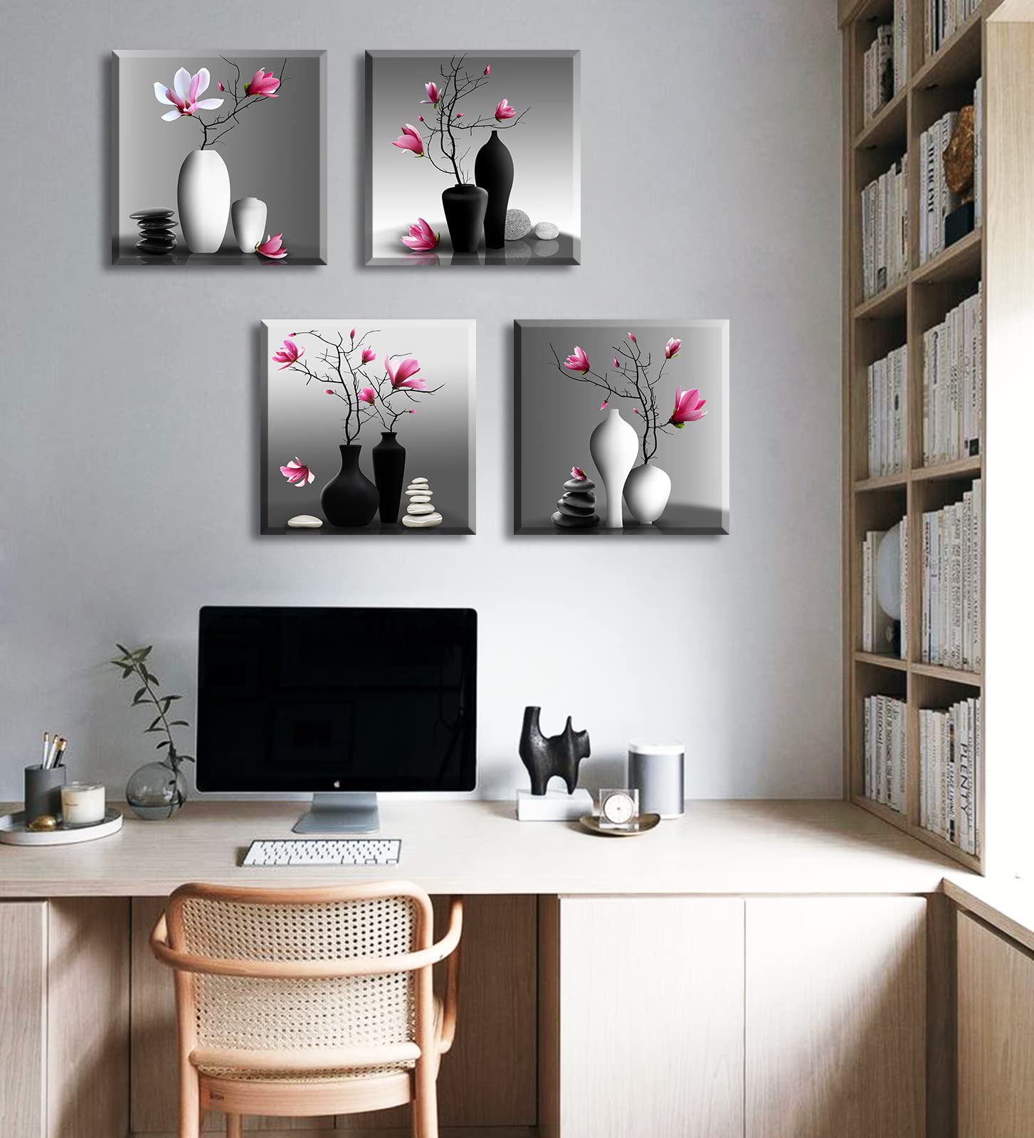 DJSYLIFE Zen Flowers Canvas Wall Art - Black & White Bathroom Decor, 12"x12", CK-ZenFL-01-1