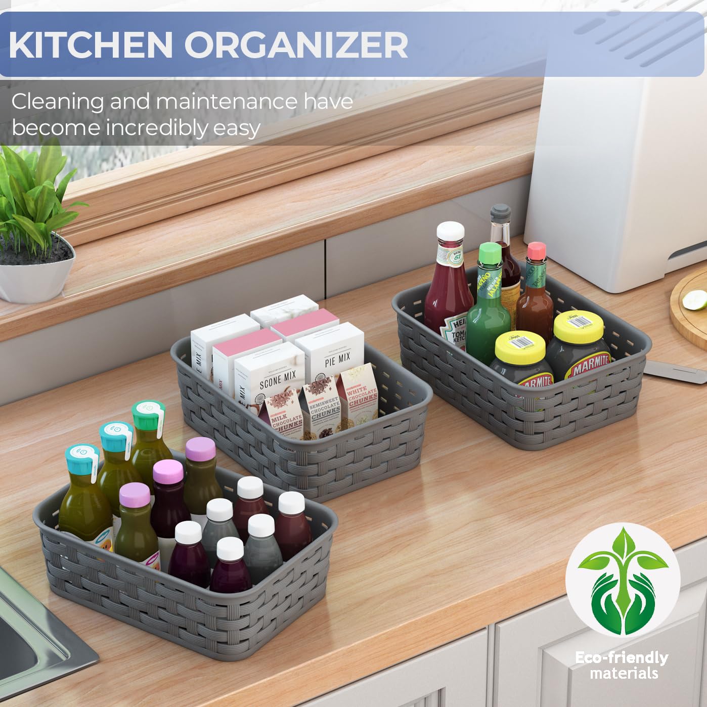 3 Pack Small Plastic Basket, Storage Bin Baskets For Organizing, Pantry Organizer Household Wicker Storage For Laundry Room, Bed