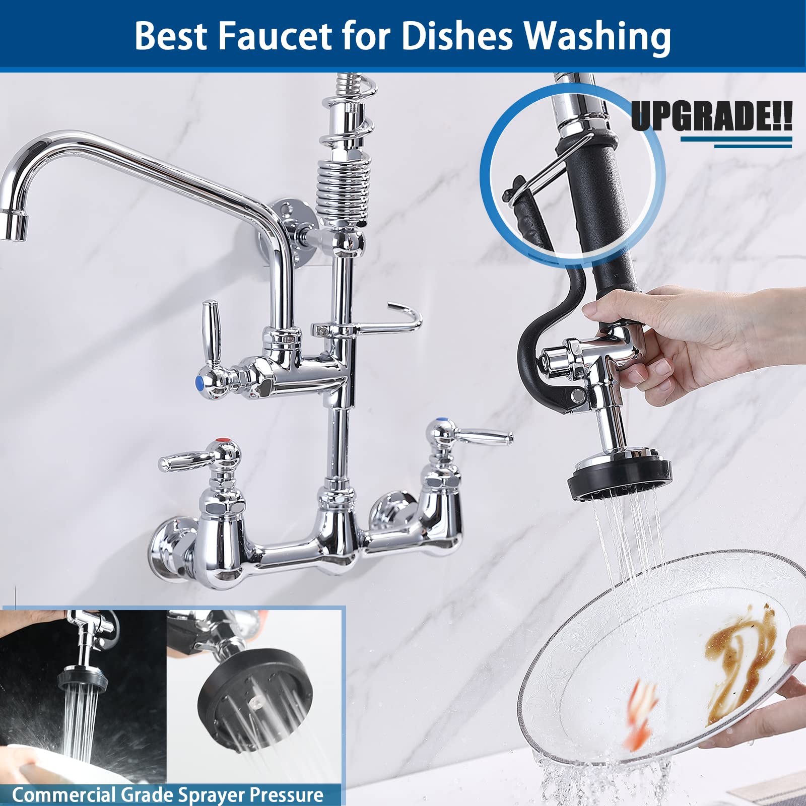 AGAHPAY Commercial Kitchen Sink Faucet with Pre Rinse Sprayer  8 Inch Center Wall Mount Faucet with 12?Swing Spout 36?Height Compartment Sink Faucet for Restaurant Industrial  Chrome Polished