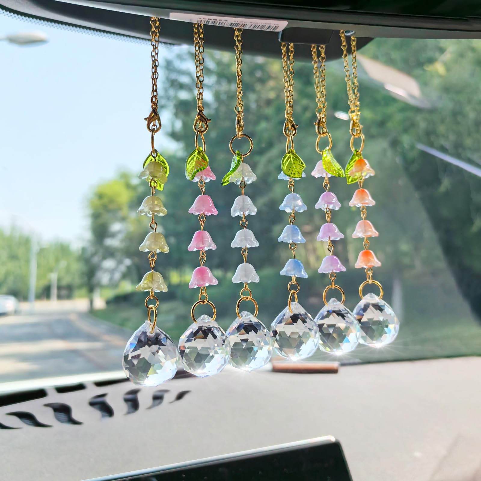 BYXVSBYS Sun Catcher Car Accessories Hanging Glass Lily of The Valley Rear View Mirror Accessories Cute Car Mirror Decor for Wom