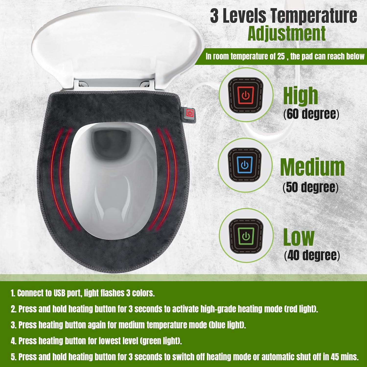 Hudson Comfort Heated Toilet Seat Cover - USB Powered, Adjustable Temperature, Soft Plush Fabric, Round, Gray
