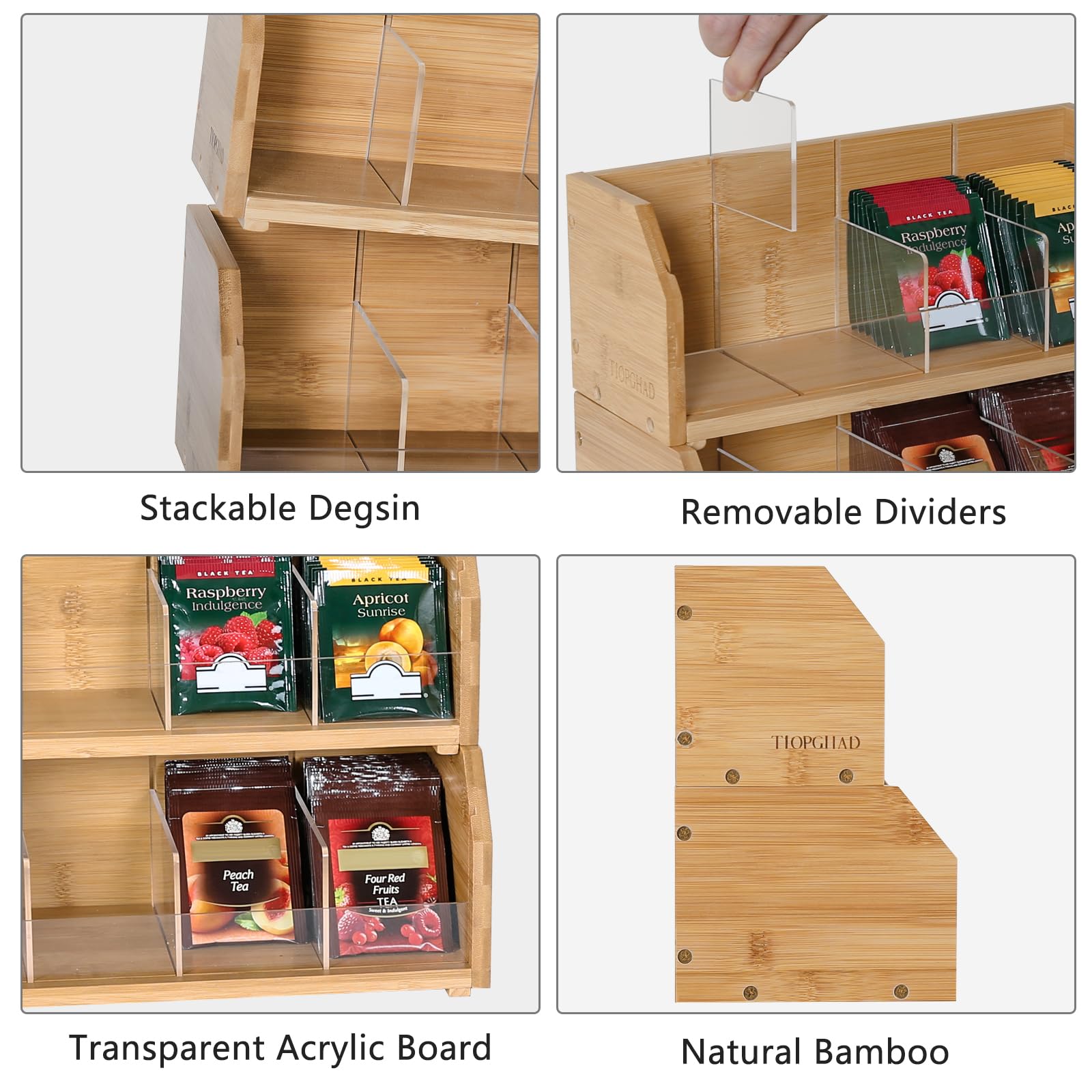 TIOPGHAD Bamboo Tea Bag Organizer - 2-Tier Stackable Storage Holder - Nature Bamboo - Model 2C-CBJ - Perfect for Countertop or Cabinet