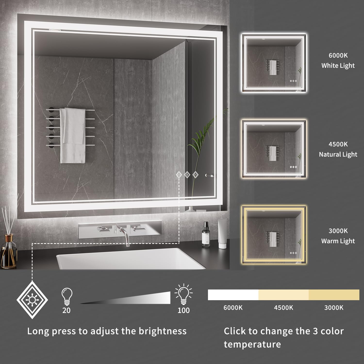 Vanpokins Bathroom Mirrors For Wall, 40X36 Inch Gradient Front And Backlight Lighted Mirror, 3 Colors Dimmable Cri>90 Double Lig