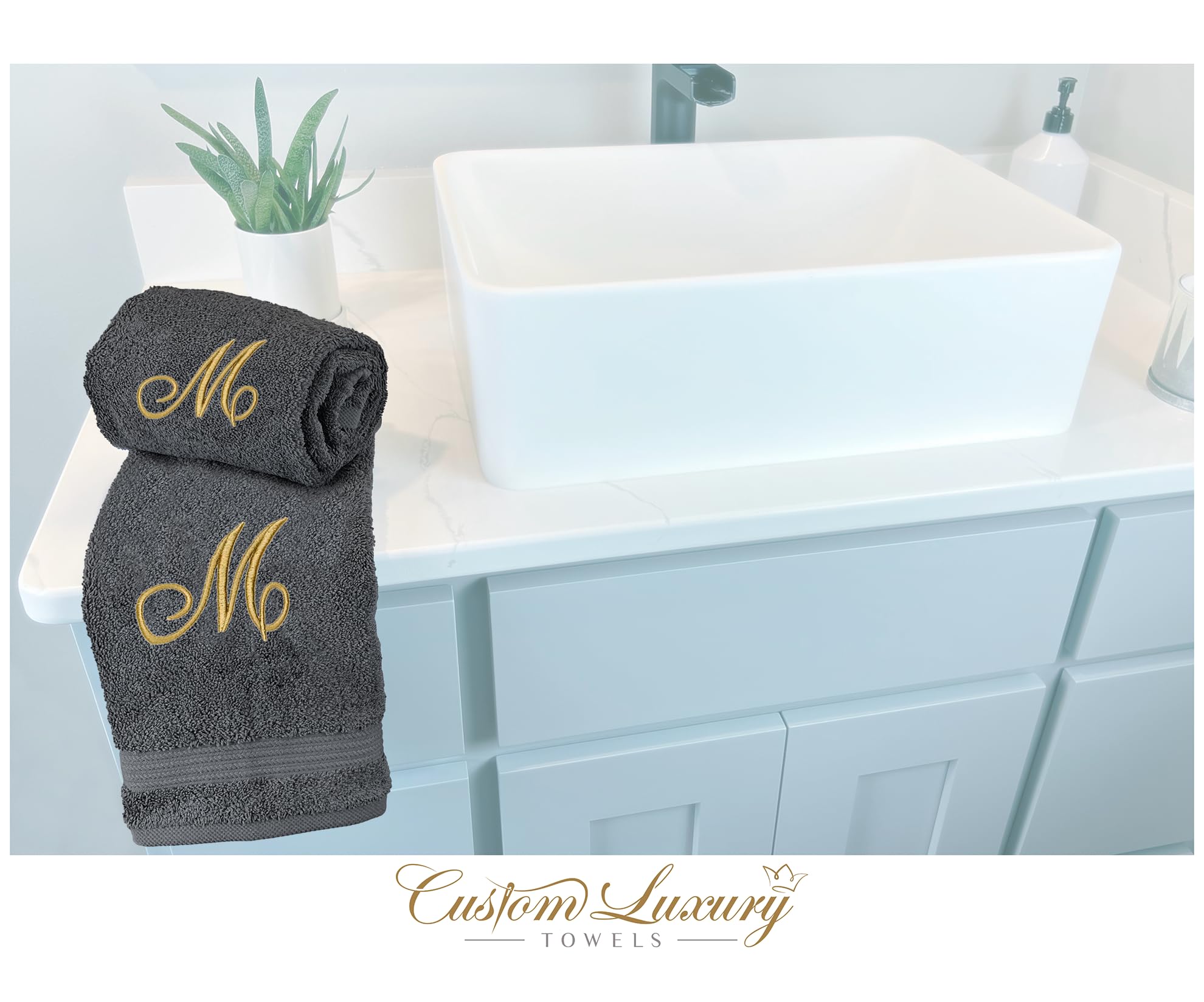 Custom Luxury Towels Turkish Hand Towels, Set Of 2, Grey - Gold Thread, 100% Cotton, Embroidered Monogram