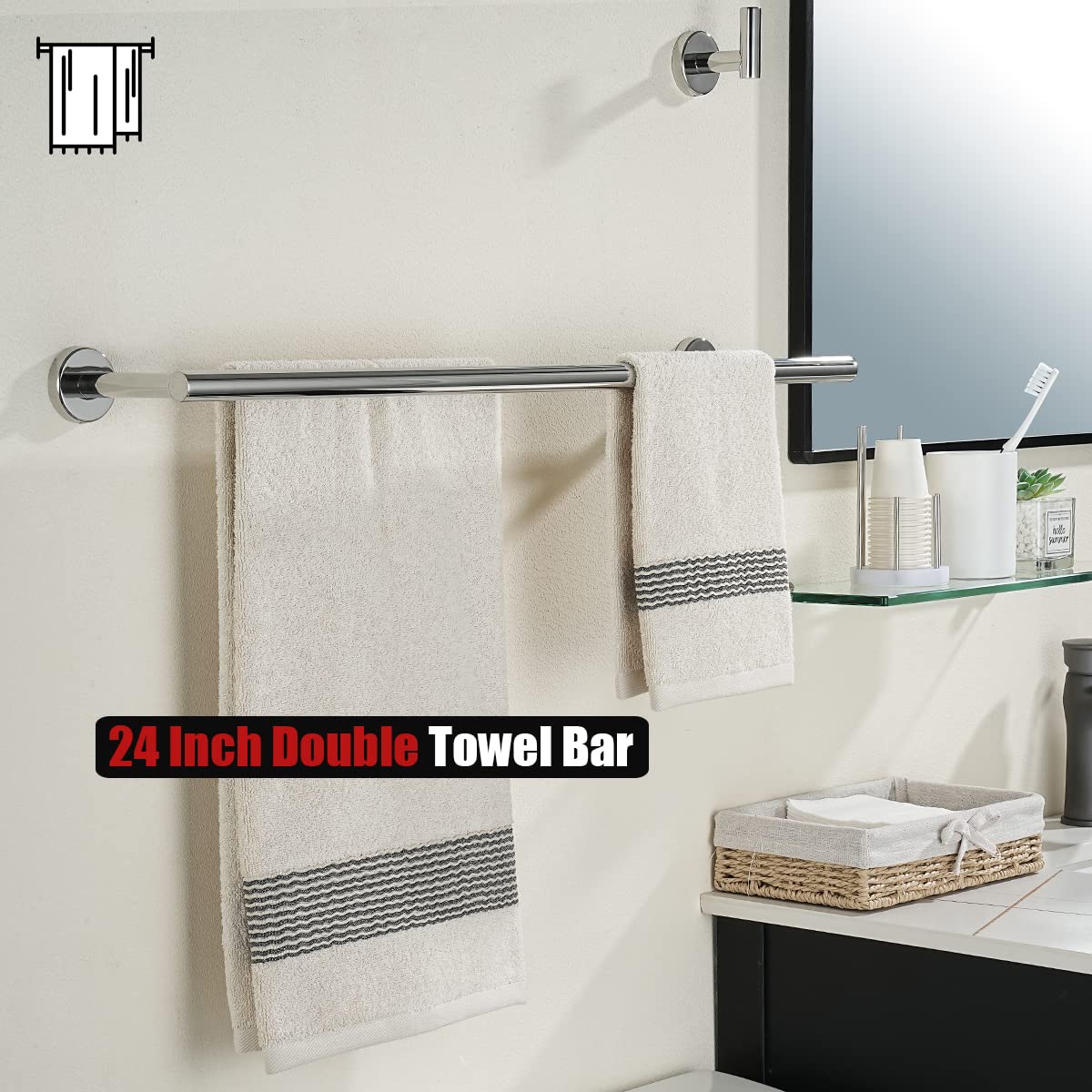 JQK Chrome Towel Bar  24 Inch 304 Stainless Steel Thicken 0.8mm Double Bath Towel Rack for Bathroom  Towel Holder Polished Chrome Wall Mount  Total Length 27.16 Inch  TB100L24-CH
