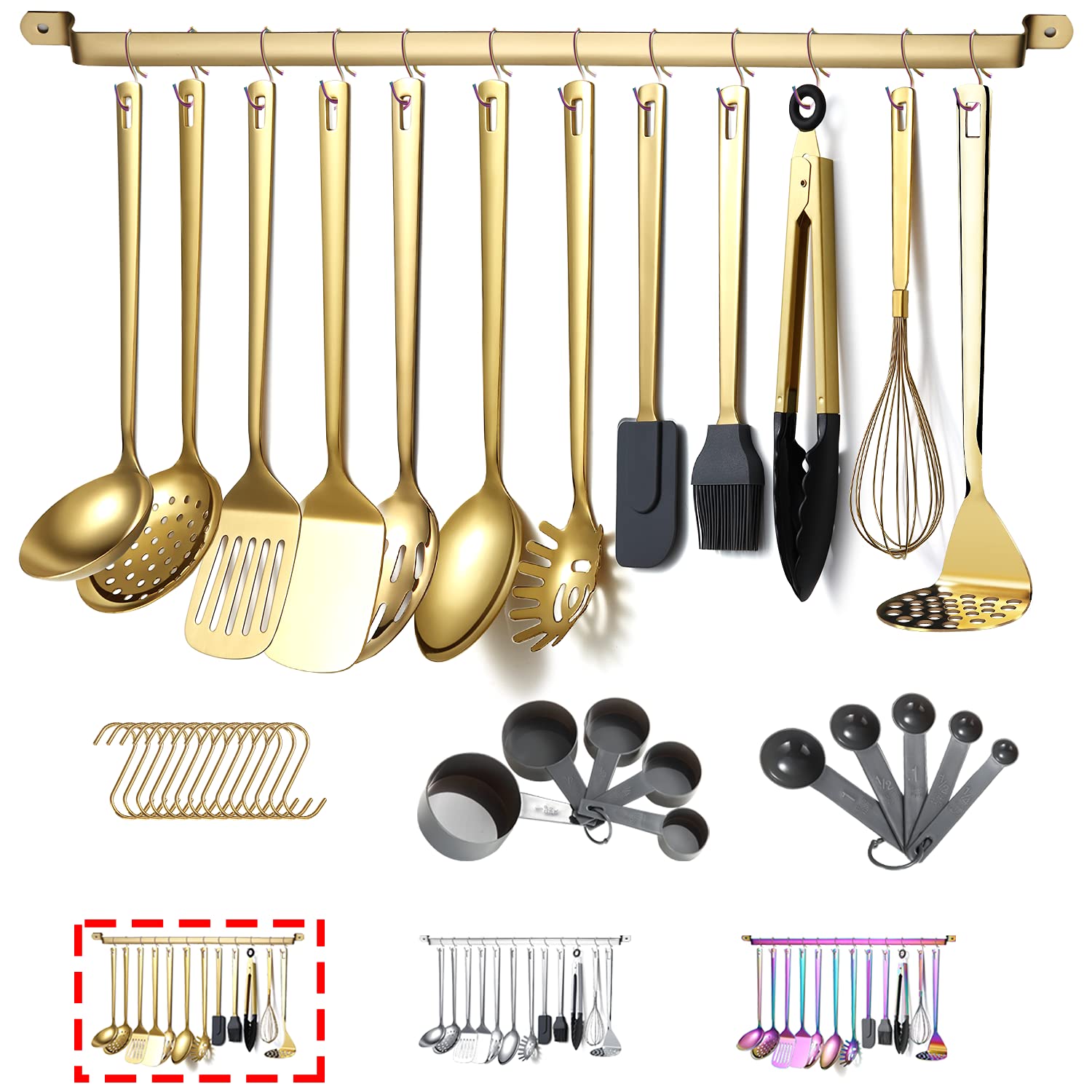 Gold Cooking Utensils Set, Kyraton Stainless Steel 37 Pieces Kitchen Utensils Set With Titanium Gold Plating, Kitchen Gadgets To
