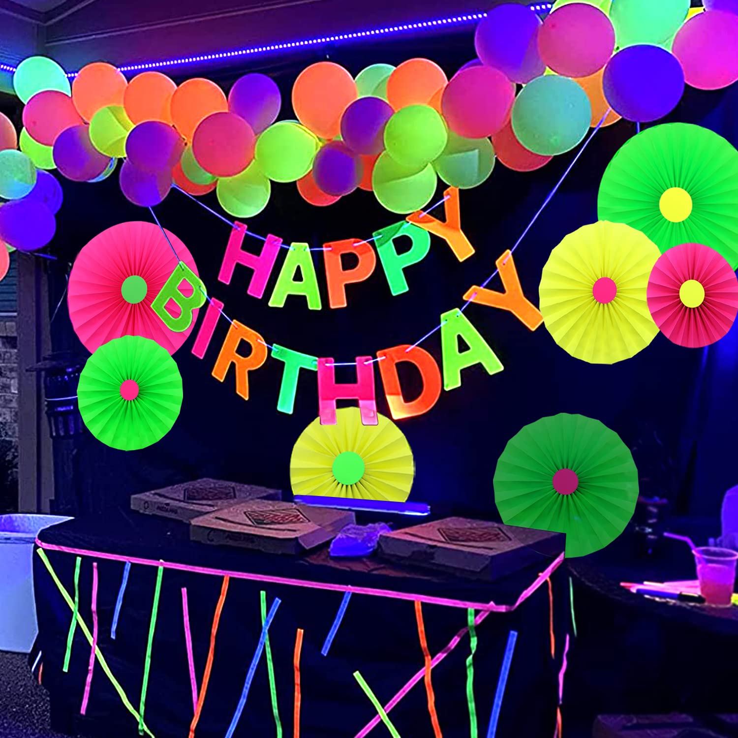 6Pcs Uv Neon Party Hanging Paper Fans Flower Glow In The Dark Glow Party Supplies And Decorations Glow In The Dark Blacklight Re