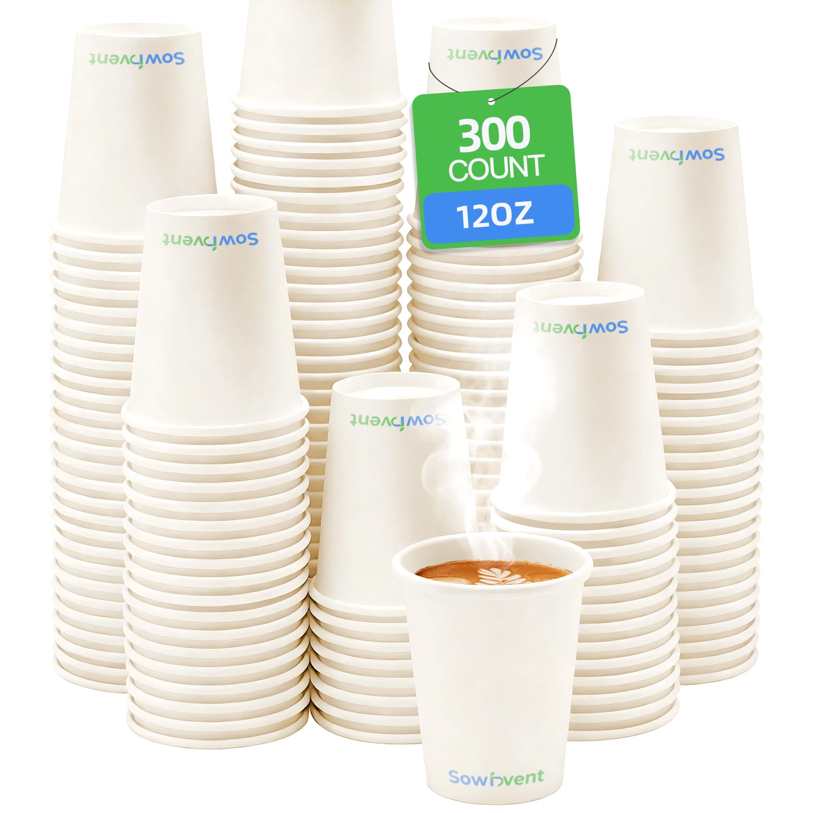 Sowinvent 12 oz 300 Count Disposable Coffee Cups, White Hot/Cold Beverage Drinking Cup for Water Iced Juice or Tea, Office Home 
